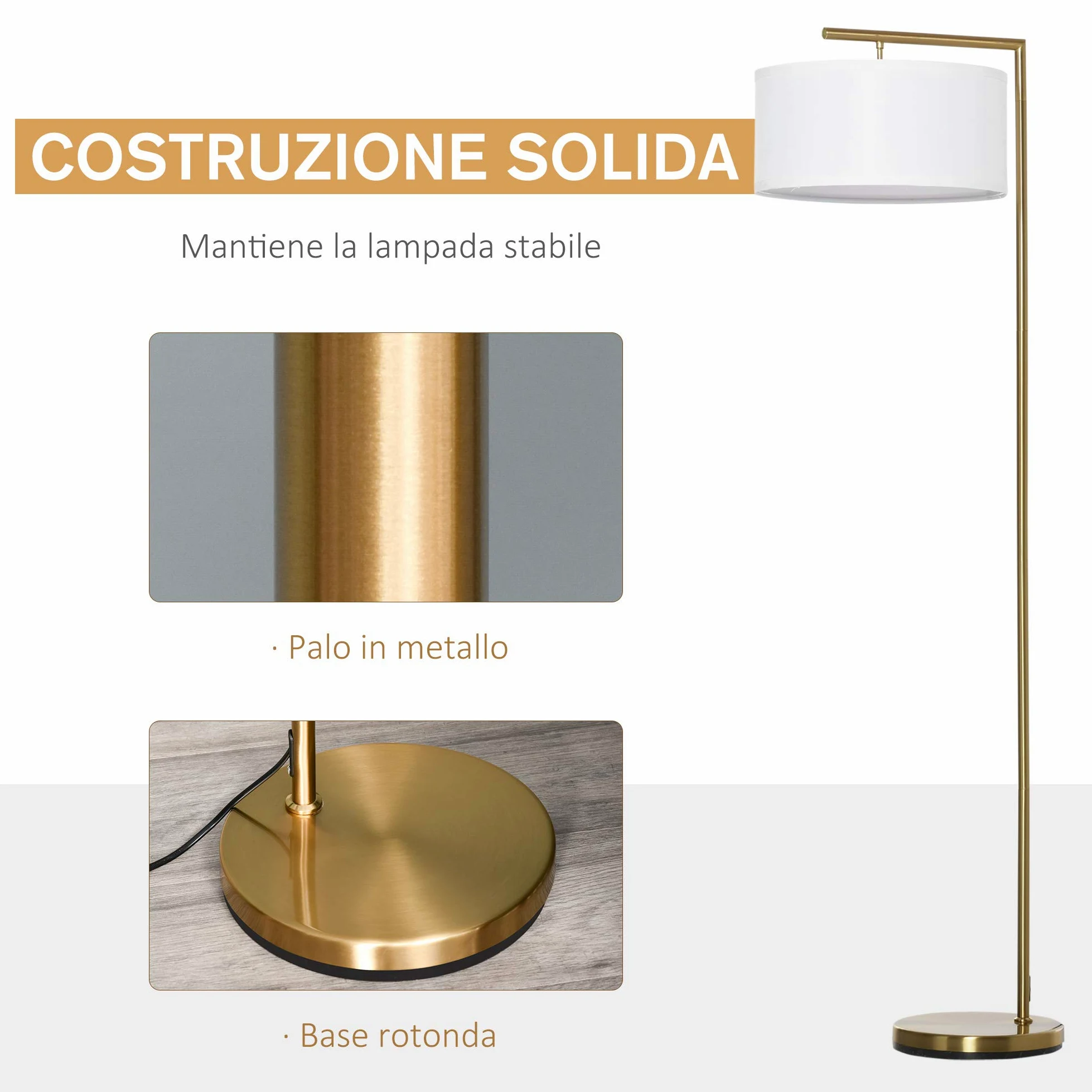 HOMCOM Lampada da Terra Moderna in Metallo E27 47x37x153cm Oro e Bianco | Paralume in Tessuto, Lampada da Lettura