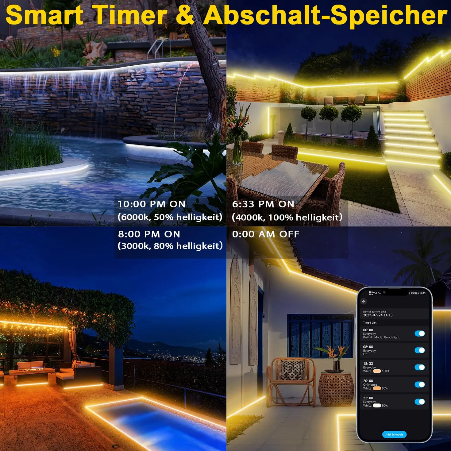 Striscia LED Esterno Bianco Freddo a Bianco Caldo Dimmerabile, Luci LED Compatibile con Alexa, Luce LED Senza Filo Smart, 24v Impermeabile Striscia Adesive per Cucina, Giardino (IP67) (15M)
