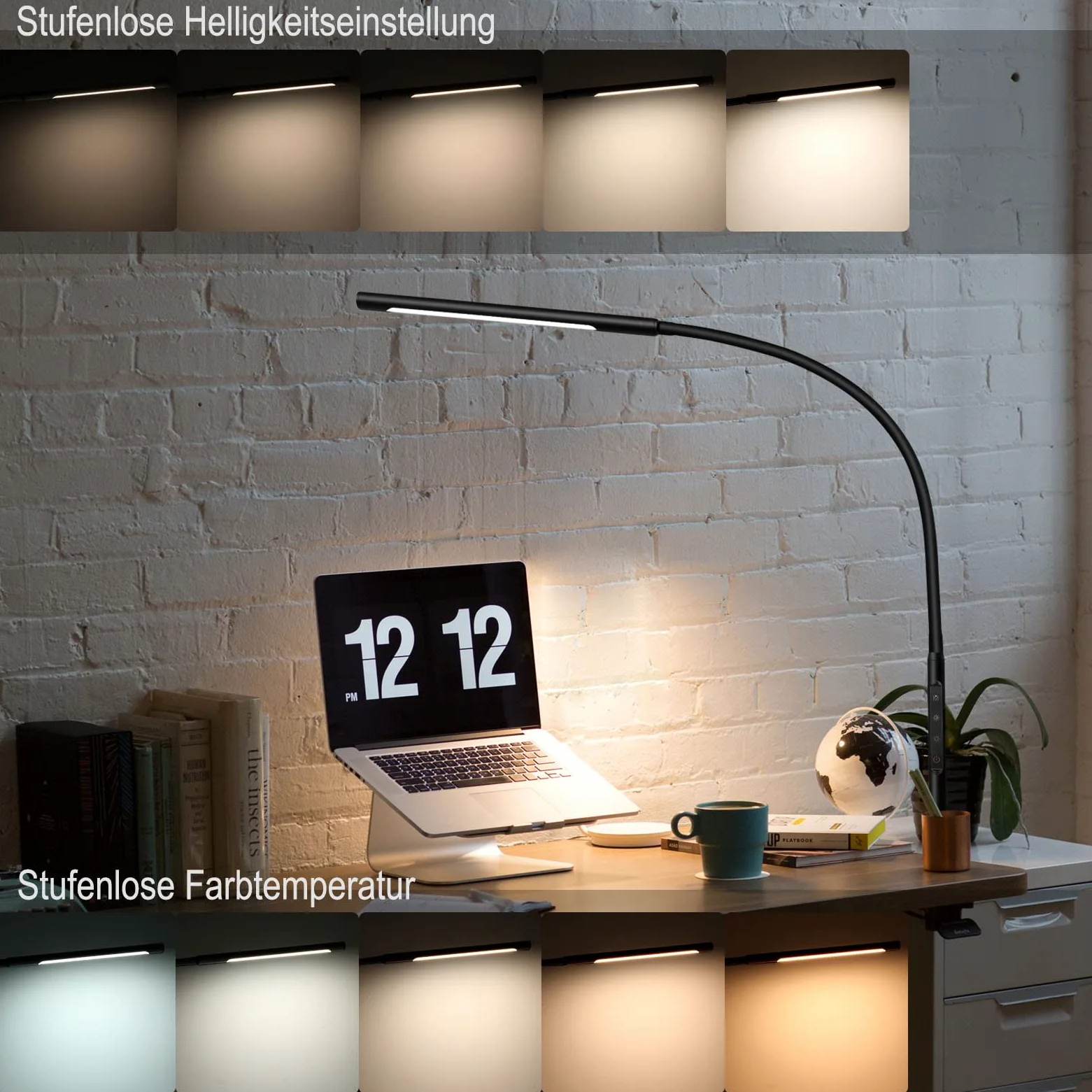 Lampada da Scrivania, LED Lampada da Scrivania 1000lm con Collo di Cigno Flessibile, Lampada a Braccio Oscillante da 12W Lampada con Morsetto per Luce da Scrivania Eye-Care per Ufficio