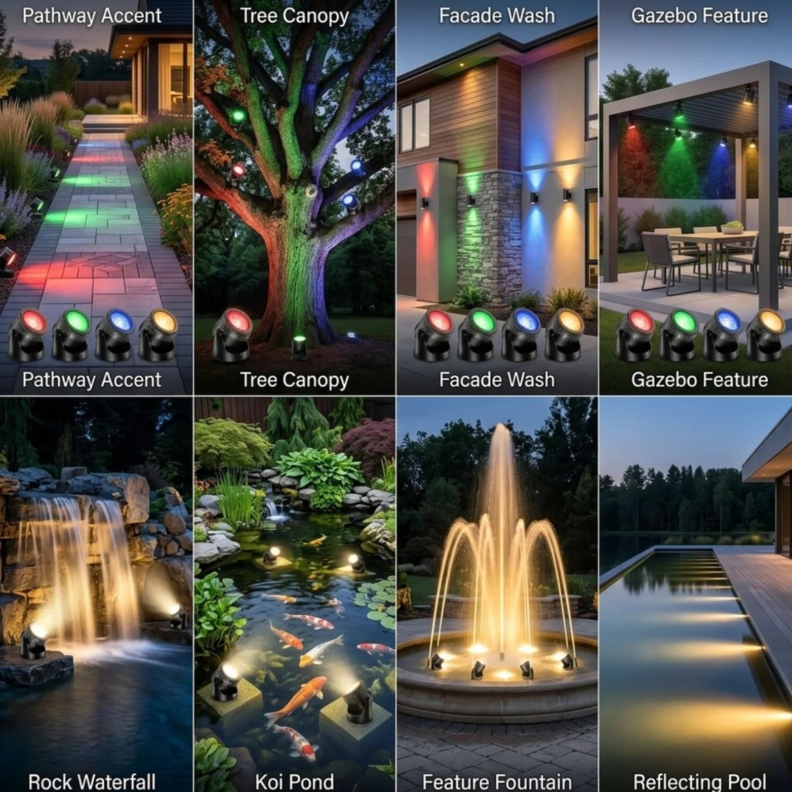 Luci subacquee 4 in 1 per laghetto, impermeabilità IP68, LED per giardino, piscina, fontana, decorazione, kit di illuminazione esterna (bianco caldo)