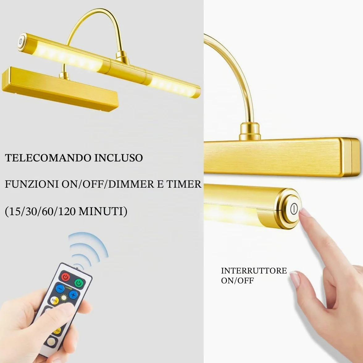 BIGLIGHT Lampada per Quadri,Luci Specchio con Telecomando,batteria Luci a Pittura Parete con 33 cm braccio oscillante a 180¡ã dimmer di luminosit¨¤ per Lampada da Specchio Bagno,oro