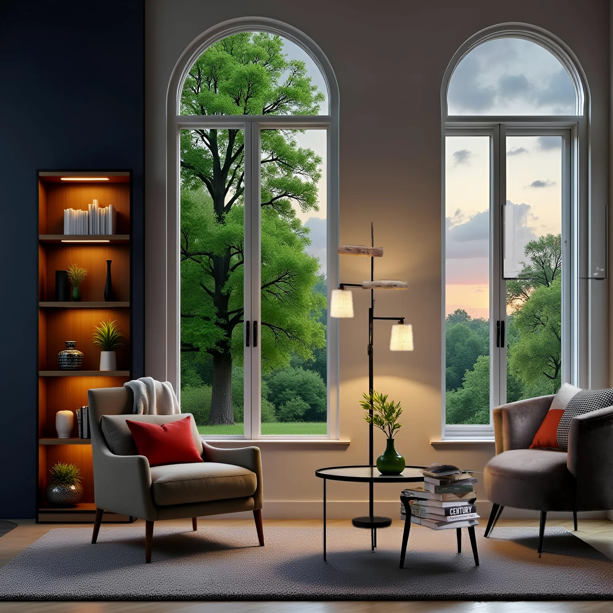 Lampada da Terra Moderna con Supporto in Legno Naturale, 2 Paralumi in Tessuto, Design Rustico per Soggiorno e Camera da Letto