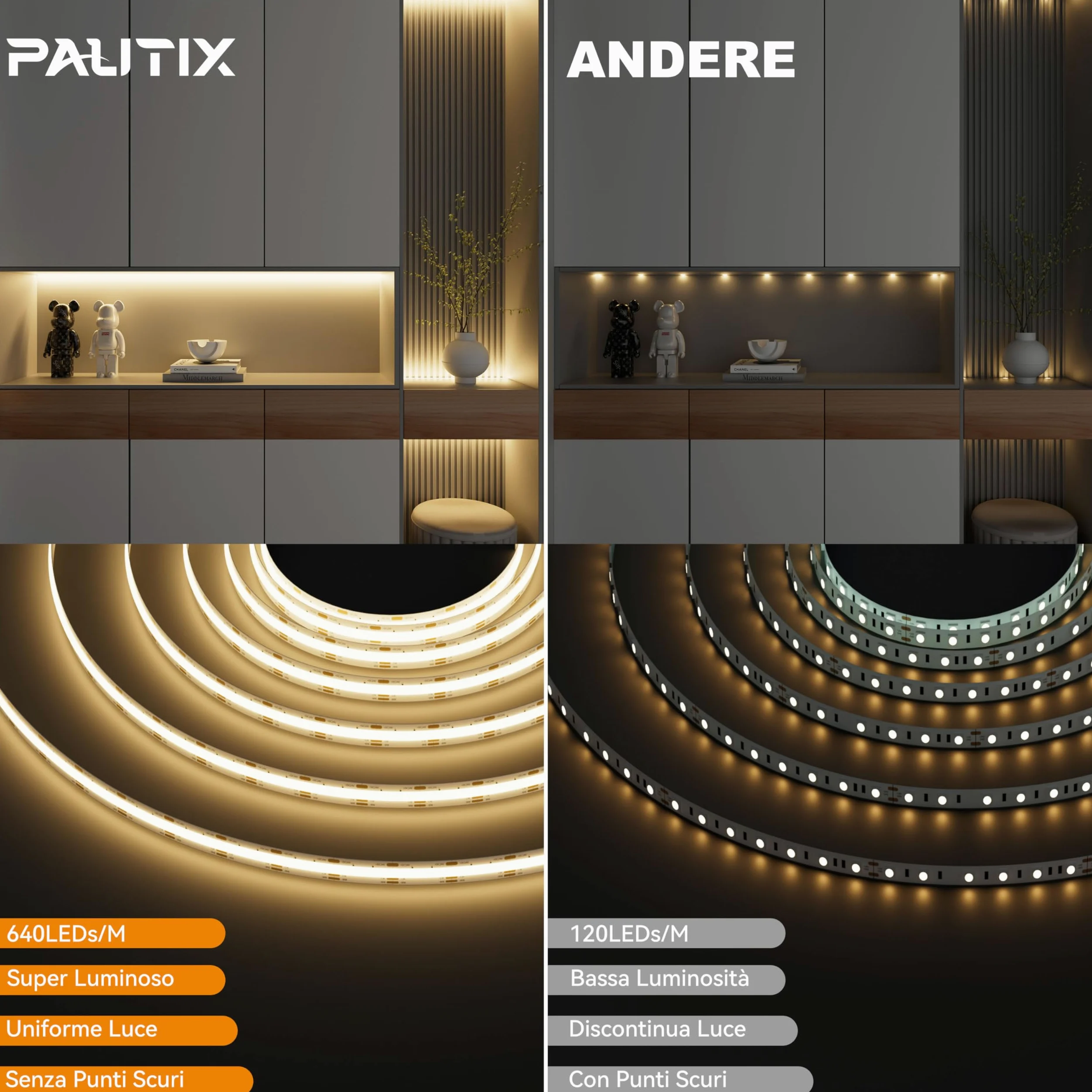 PAUTIX COB LED Striscia CCT 10M 24V Regolabile 2700K-6500K WiFi LED Strisce Funziona con Tuya/Alexa/Google Assistant,640LEDs/m,CRI90+,Intelligente LED Strip Lights per Armadio da Cucina, Camera,TV