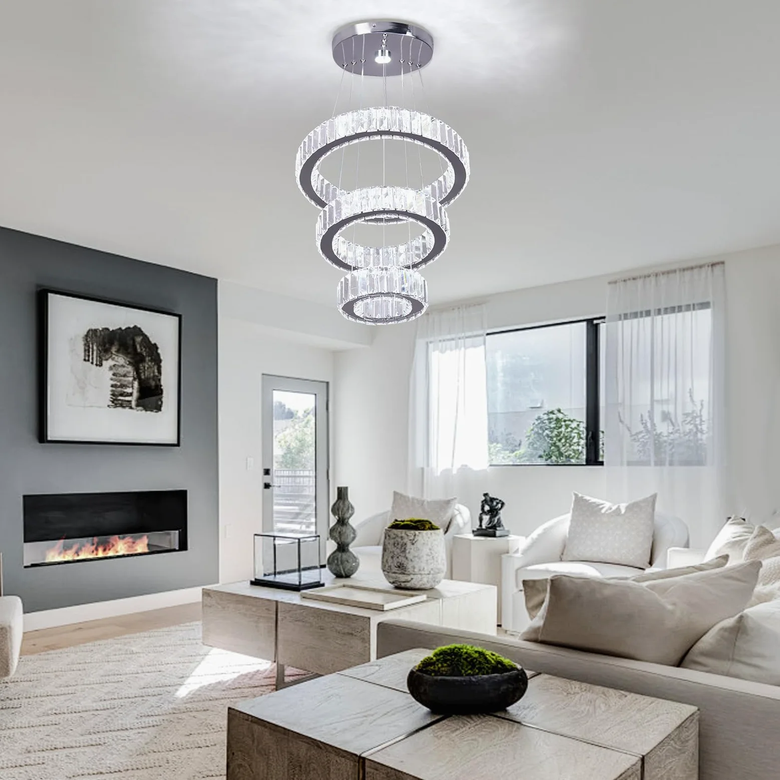 FRIXCHUR Lampadario in cristallo a 3 anelli da soffitto a LED per soffitto alto, lampadario da appendere per camera da letto, sala da pranzo, soggiorno (6500 K) bianco freddo