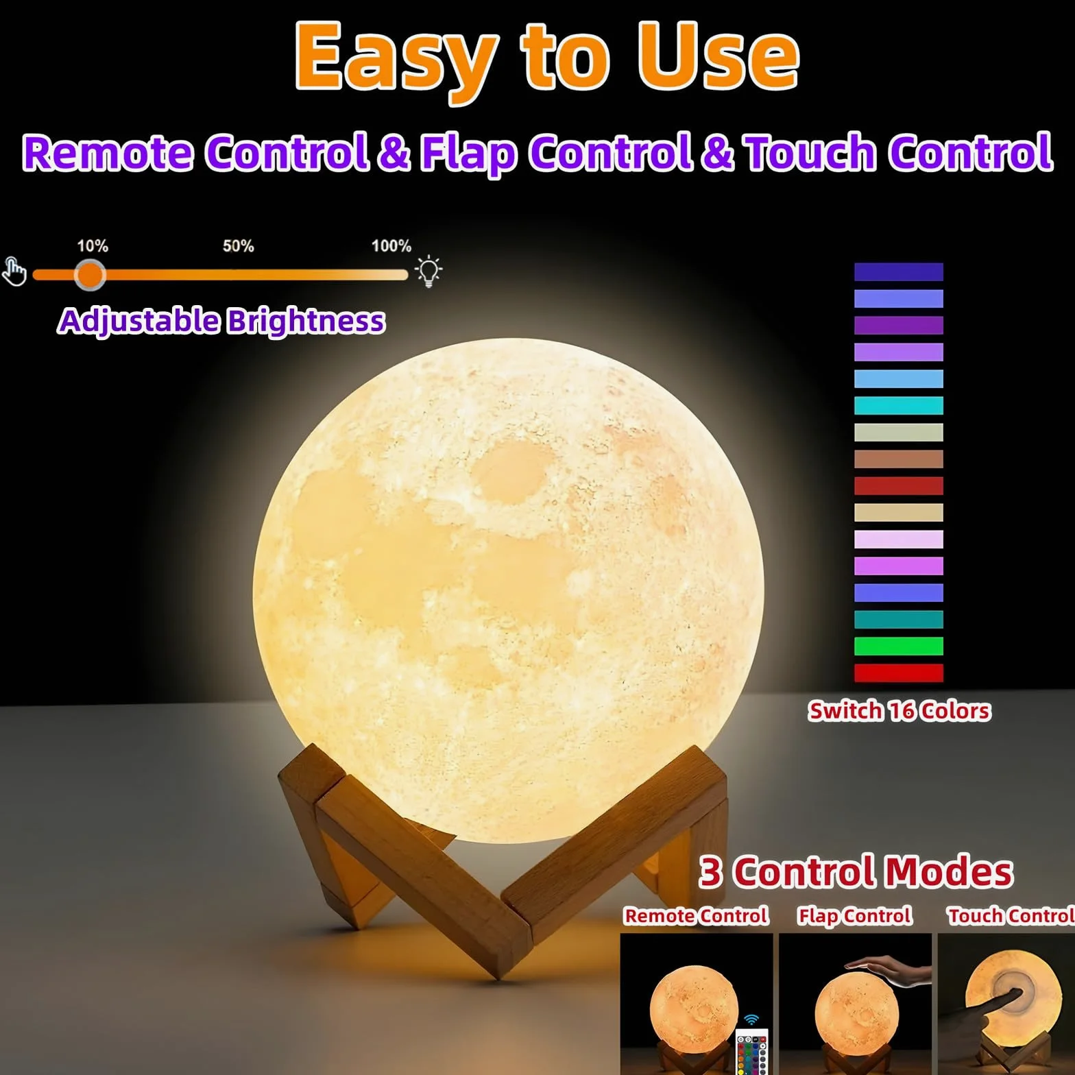 Lampada a forma di luna, 16 colori, luce notturna a LED con supporto, telecomando e controllo touch, lampada a forma di galassia per adolescenti, ragazze e ragazzi, ricaricabile tramite USB, luce