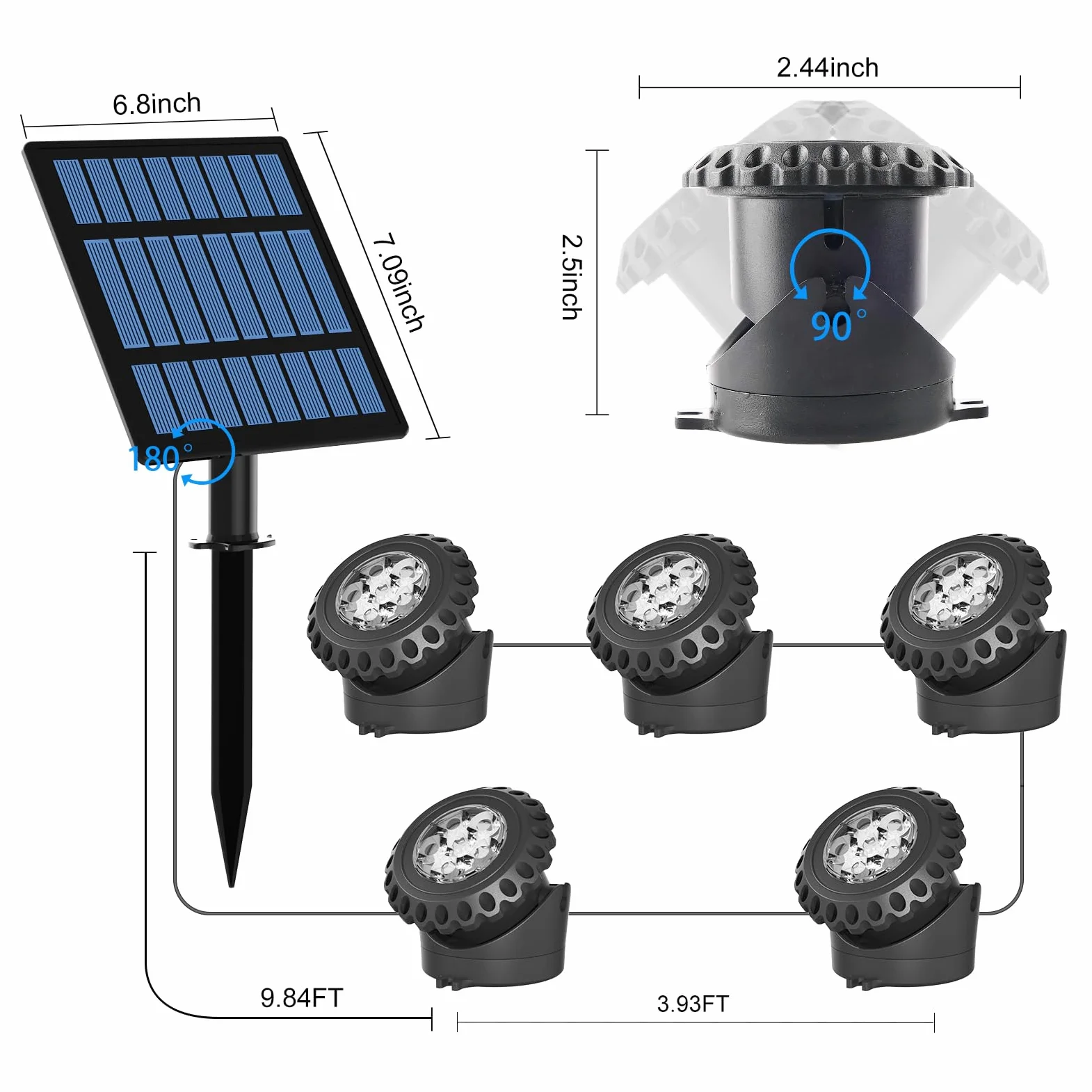 T-SUN Luci Solari per Laghetti 5 in 1 RGB Luce Solari Per Laghetti Faretto Solare per Esterni RGB Lampada Solare Sommersa Con 2 Modalità, IP68 Impermeabile, Per Giardino, Albero, Patio, Stagno