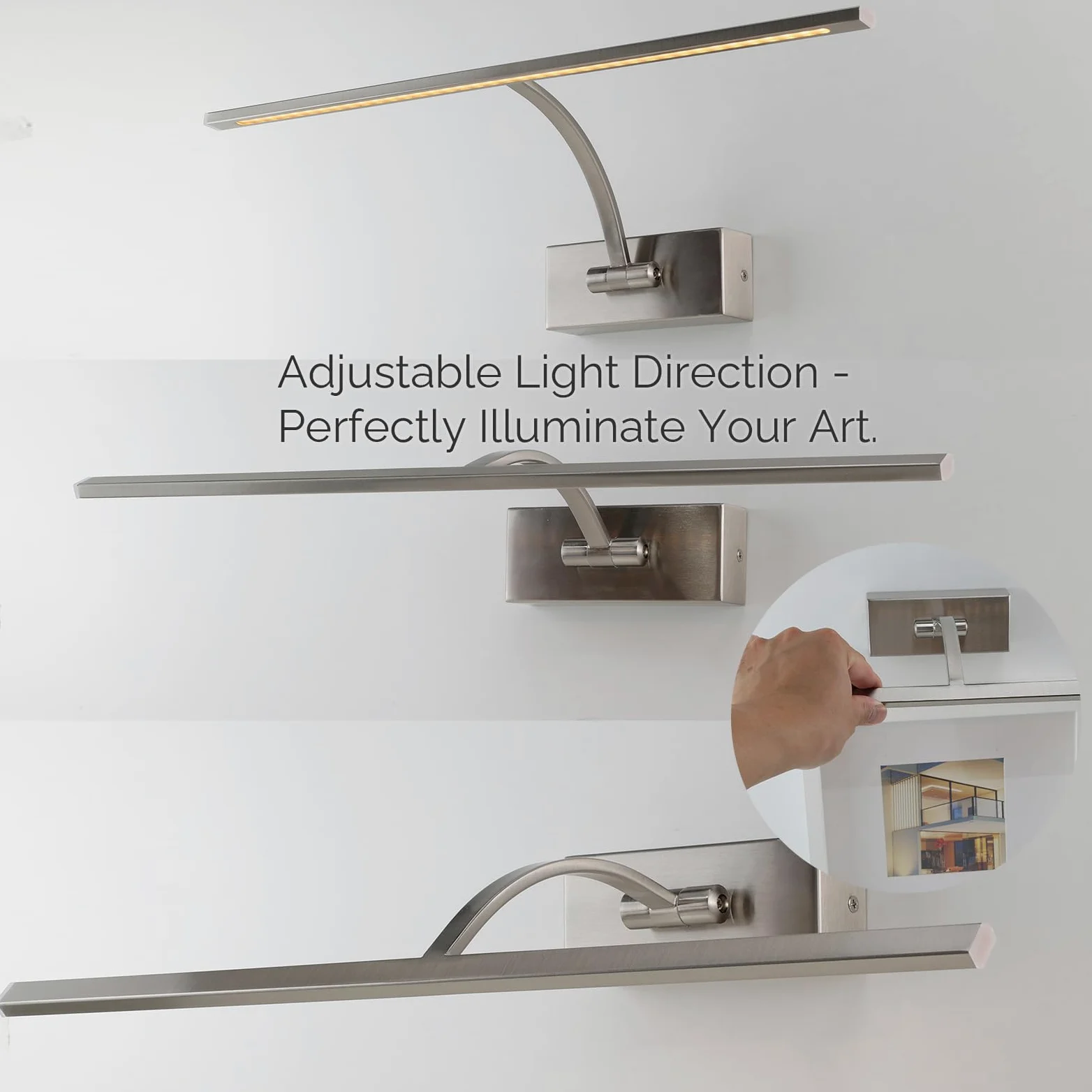 Alpinaluz Applique da parete LED per illuminazione di quadri, specchi e mobili, 8 W, 45 cm, luce calda 2700 K, angolo regolabile, acciaio con finitura nichel satinato, driver KGP integrato