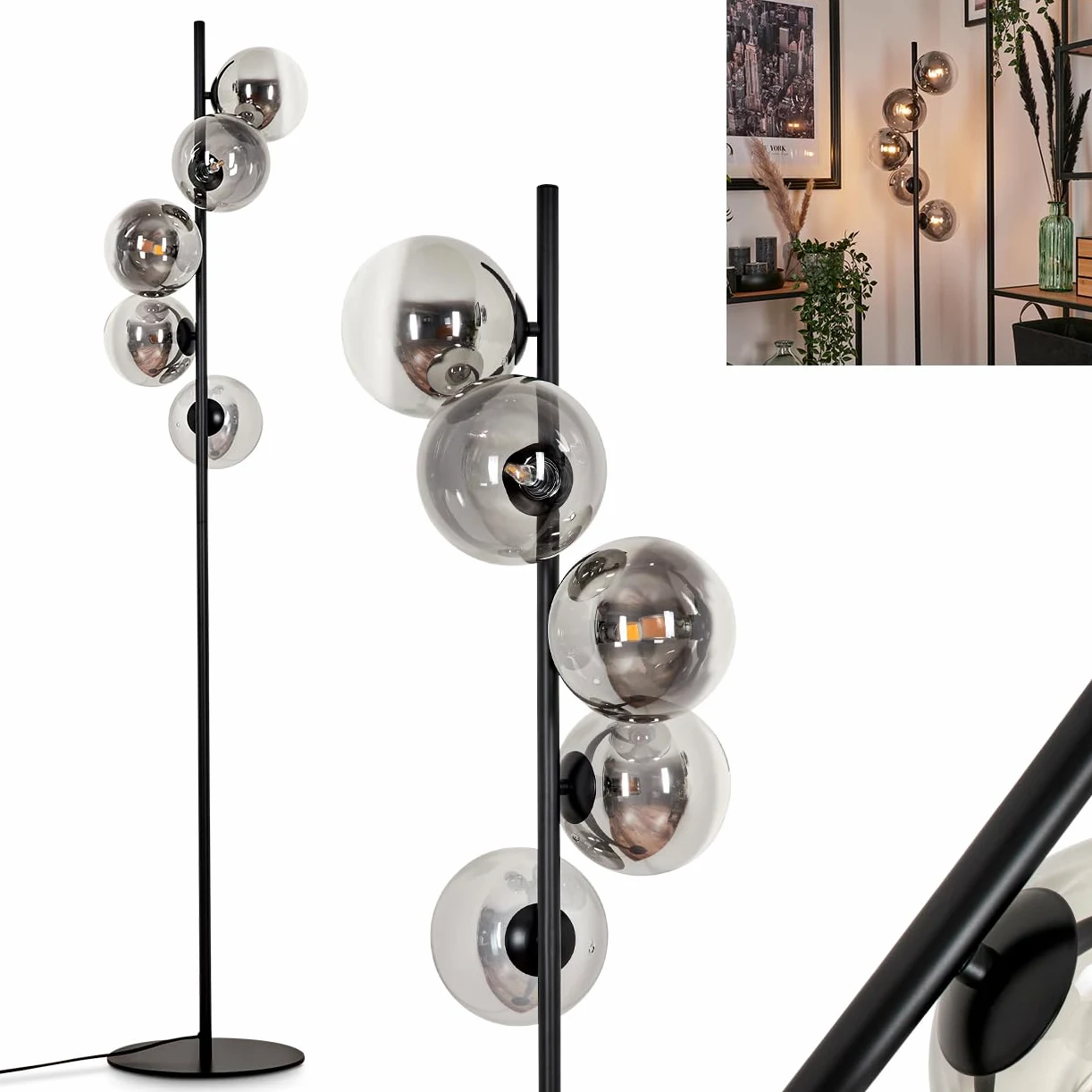 Lampada a stelo Remaisnil Lampada da terra in metallo/vetro nero/fumo/trasparente, design retro/vintage con ombrelli e poggiapiedi, altezza 160 cm, 5 x G9