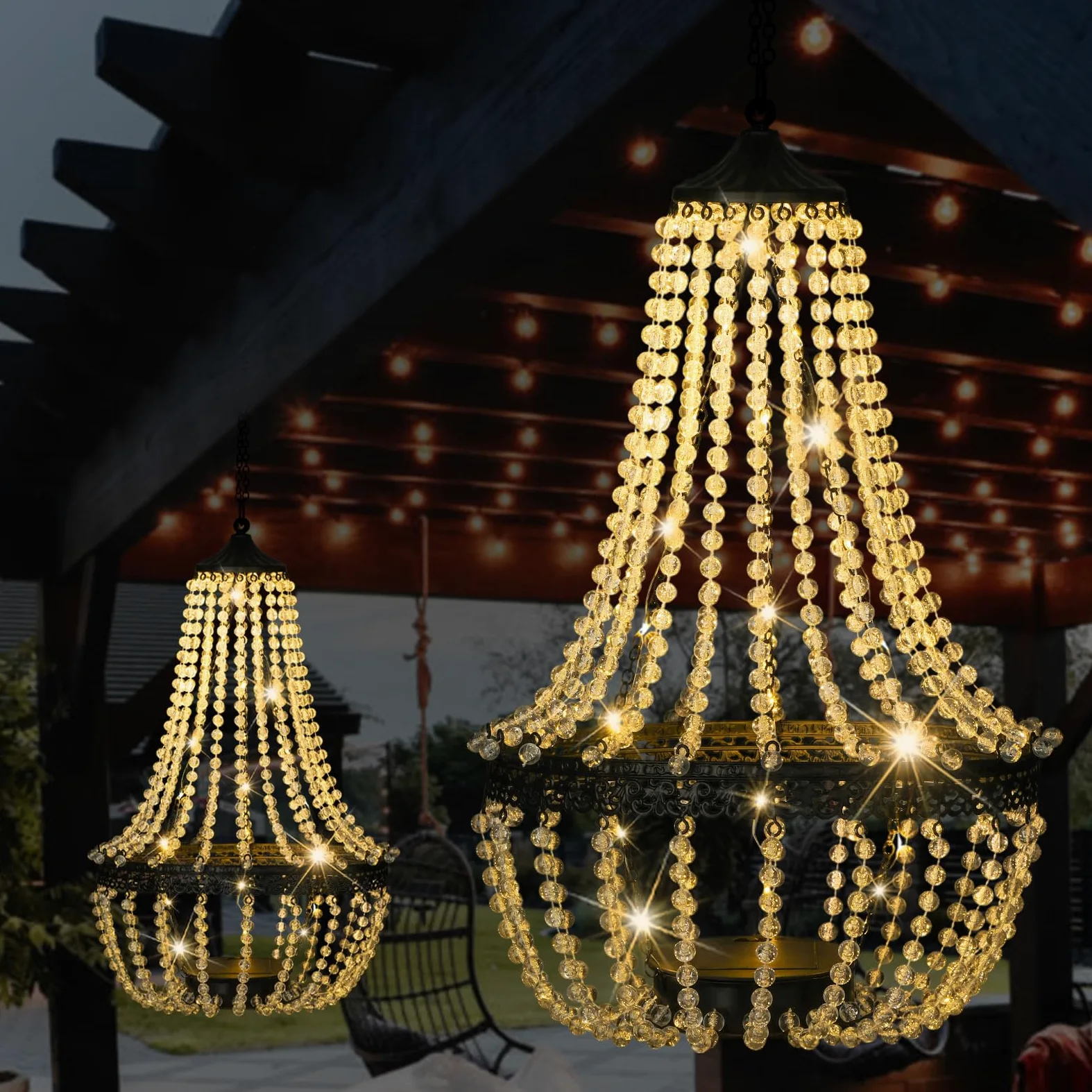 Lampadario solare sospeso per esterni, 30 luci bianche calde, lampadario in perline acriliche con ganci a S, lanterna moderna per decorazioni da giardino, cortile, patio, gazebo, 71 cm di altezza