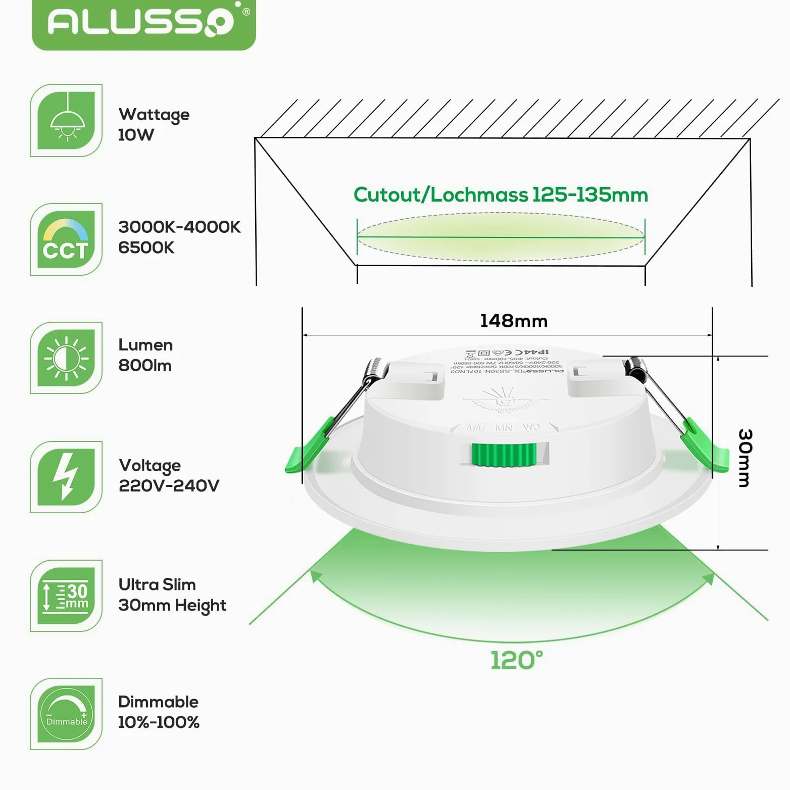 ALUSSO Set di 6 faretti LED da incasso piatti 230 V, 10 W, 800 lm, intensità variabile, ultra sottile, profondità di incasso 30 mm, bianco caldo 3000 K, bianco neutro 4000 K, bianco freddo 6500 K,