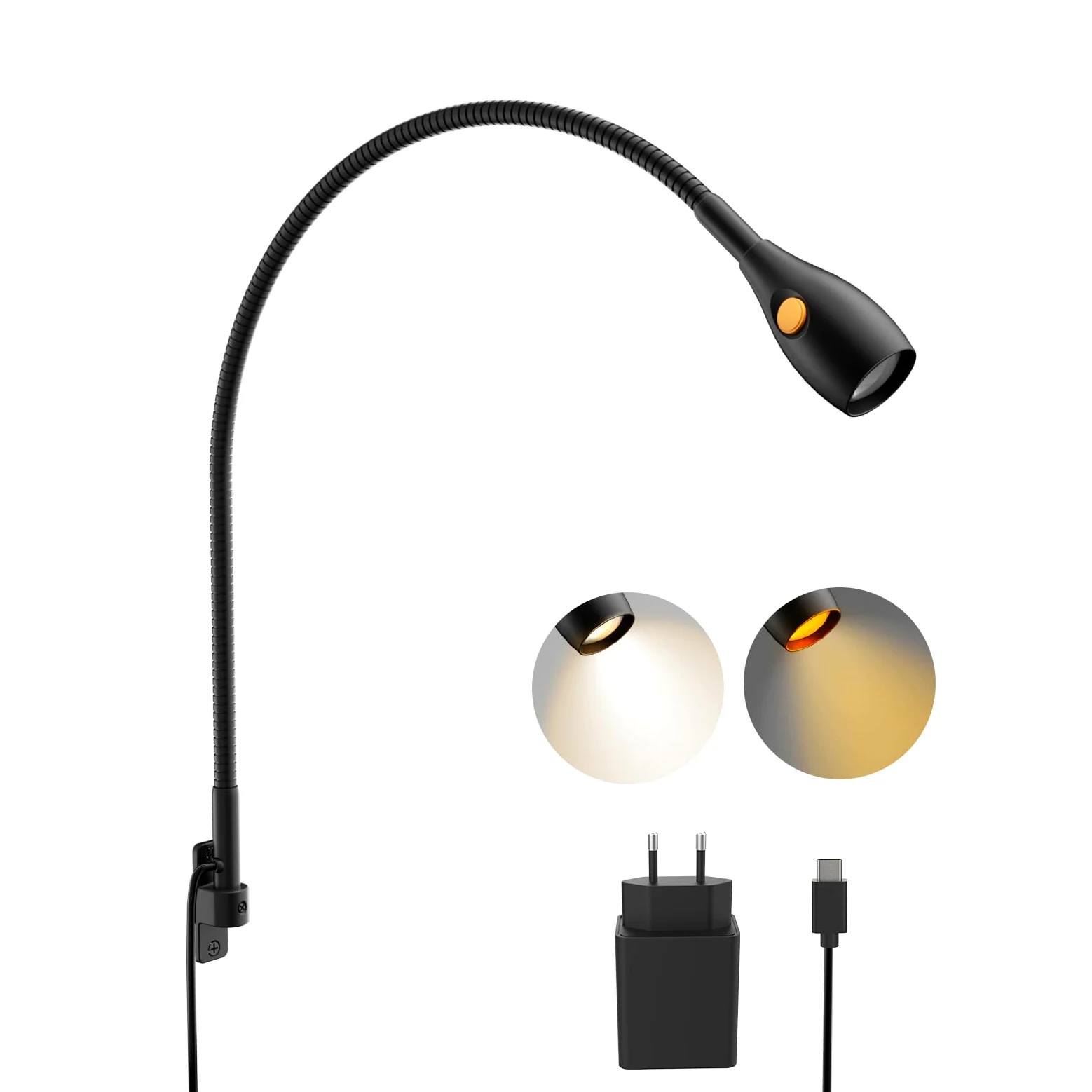acegoo Lampada da lettura da parete, metallo luce da comodino libro dimmerabile 3000K/ambra, testa della lampada girevole, con interruttore flessibile collo d'oca nero (1 pack)