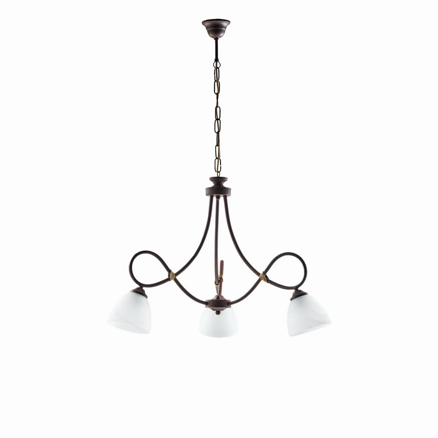 Lampadario 3 Luci Ferro Battuto Laccato Nero e Ruggine Vetro Bianco Serie Dallas