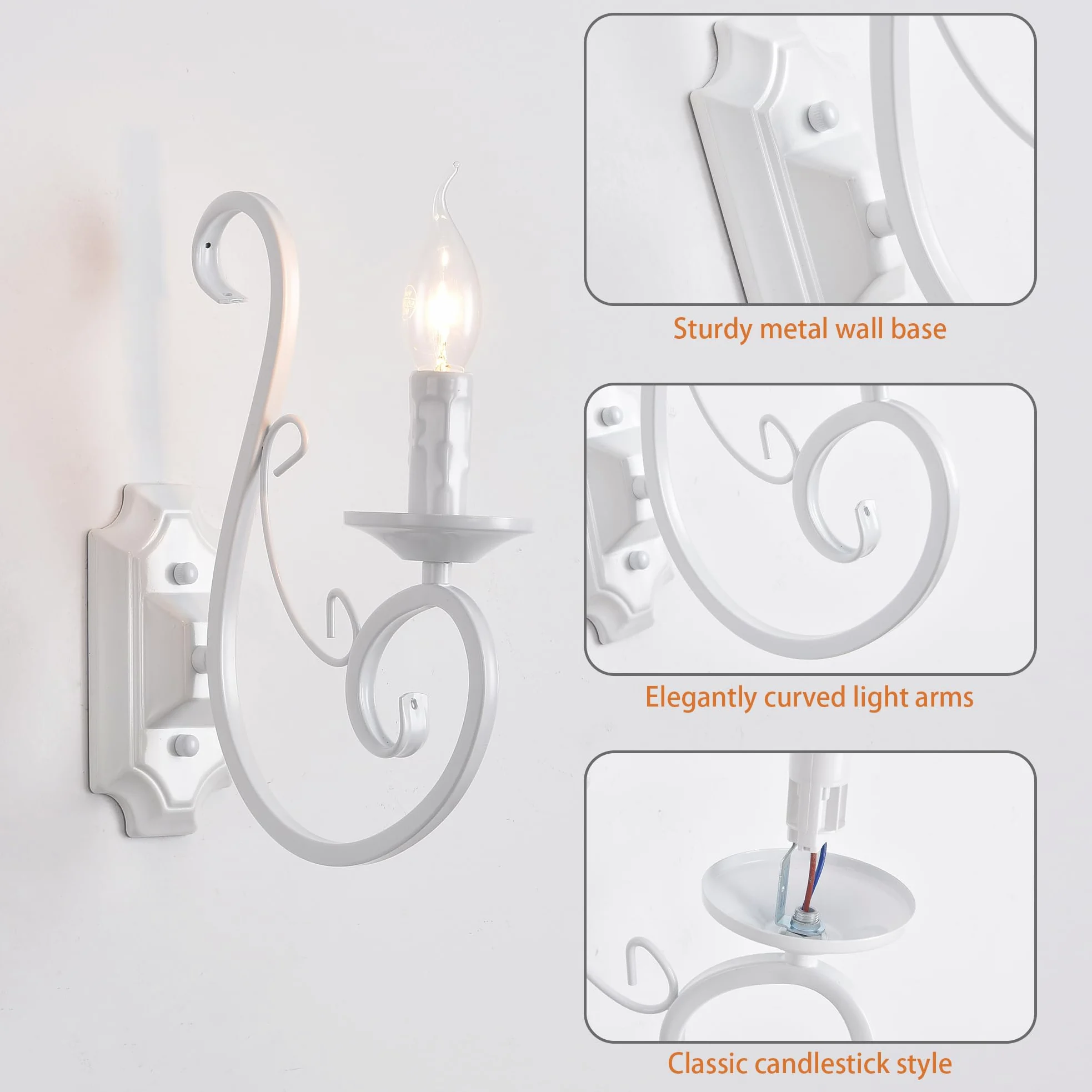 Ganeed Applique da parete applique da comodino con design in ferro battuto dall'aspetto antico applique da parete retrò per soggiorno tromba scale e14 bianco 1 luce (2 confezioni)
