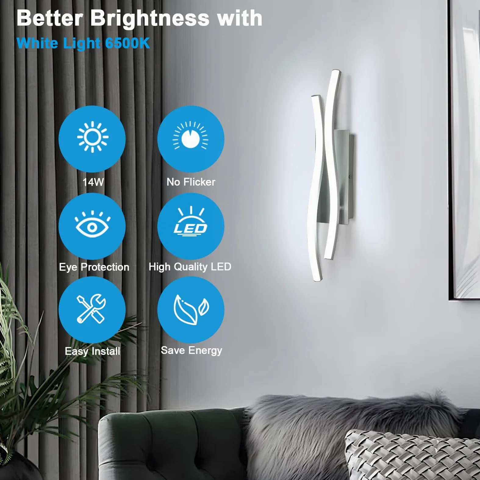 Comely 2 Pezzi Applique da Interno LED, 14W 1575LM Moderna Lampada da Parete per Interni, Lampada a Muro per Soggiorno Camera da Letto, Luce ianca 6500K, Argento, 41cm