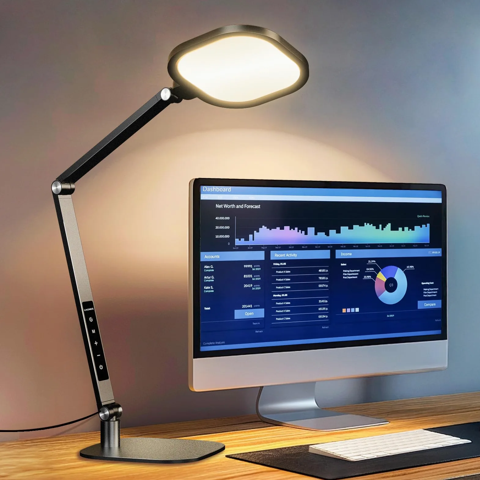 LitONES Lampada da scrivania a LED per casa e ufficio, 15 W, con braccio oscillante, funzione memoria e timer