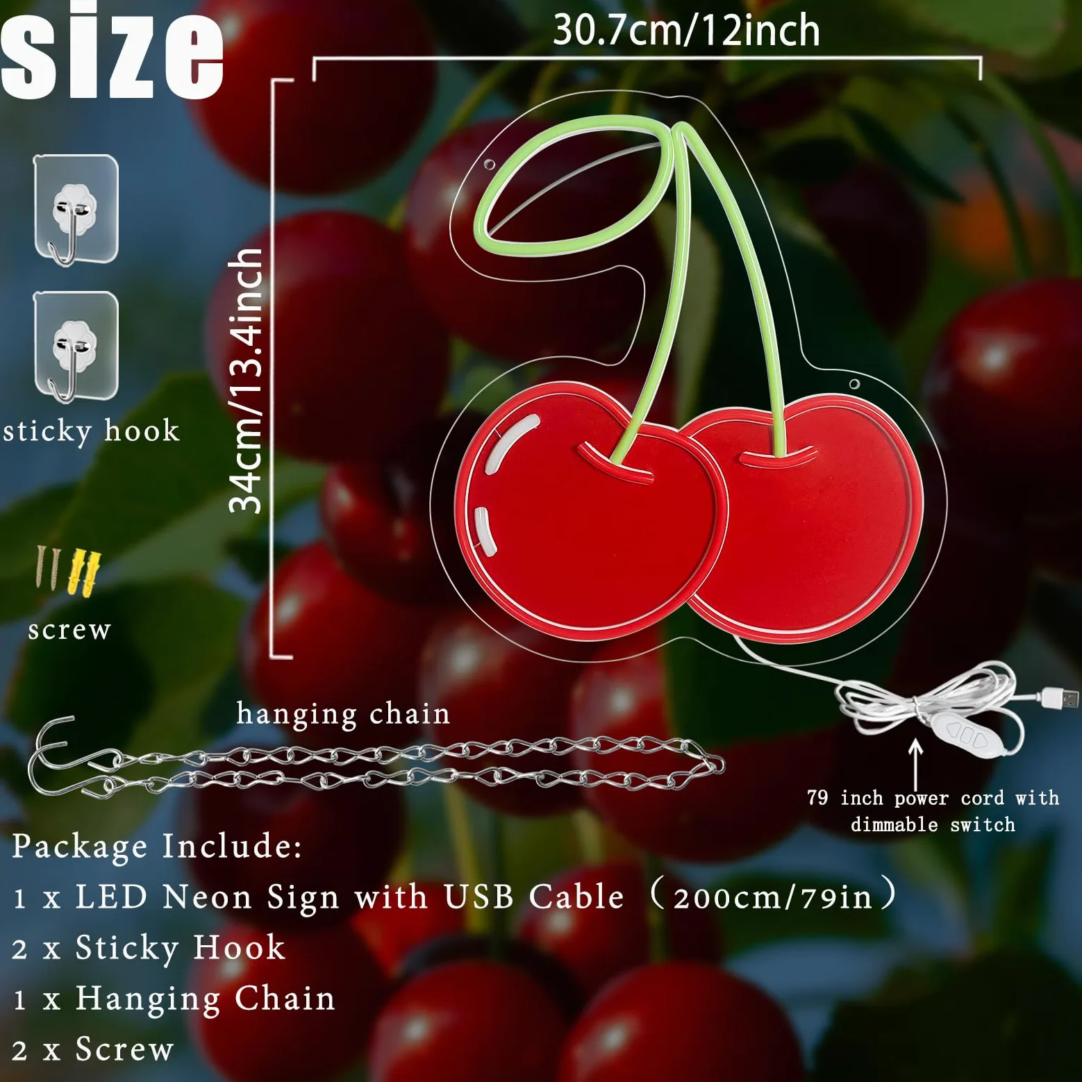 Insegna al neon a forma di ciliegia, decorazione da parete, dimmerabile, con stampa di frutta, luci al neon al neon a tema frutta vibrante per camera dei bambini, camera da letto, ristorante, bar