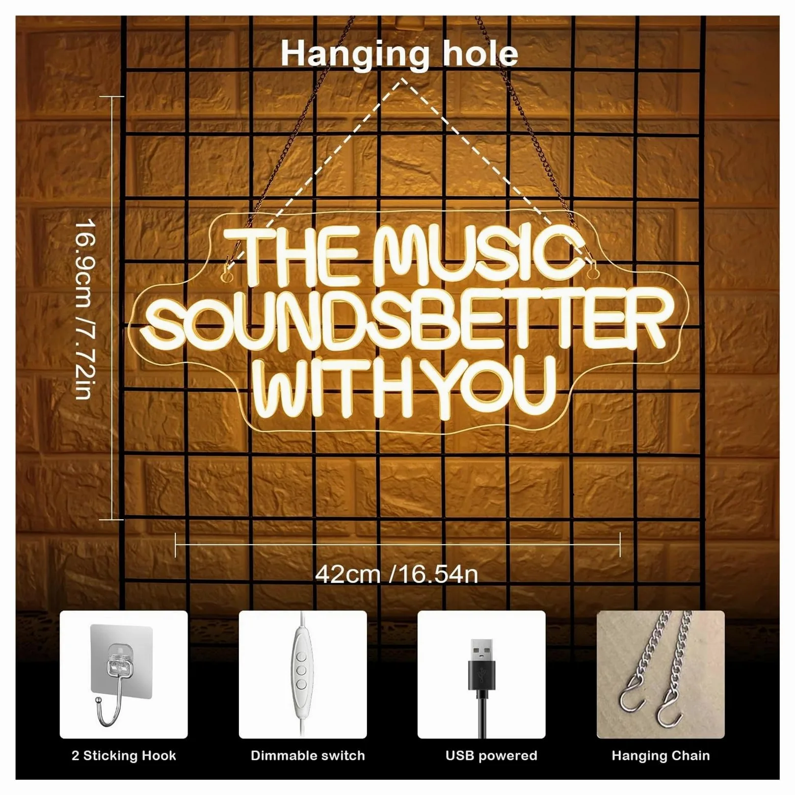 Luci al Neon Da Parete Insegna Al Neon A LED Dimmerabile The Music Sounds Better With You Per Camera Da Letto, Studio Musicale, Negozio Di Dischi, Decorazione 42cmx16.9cm