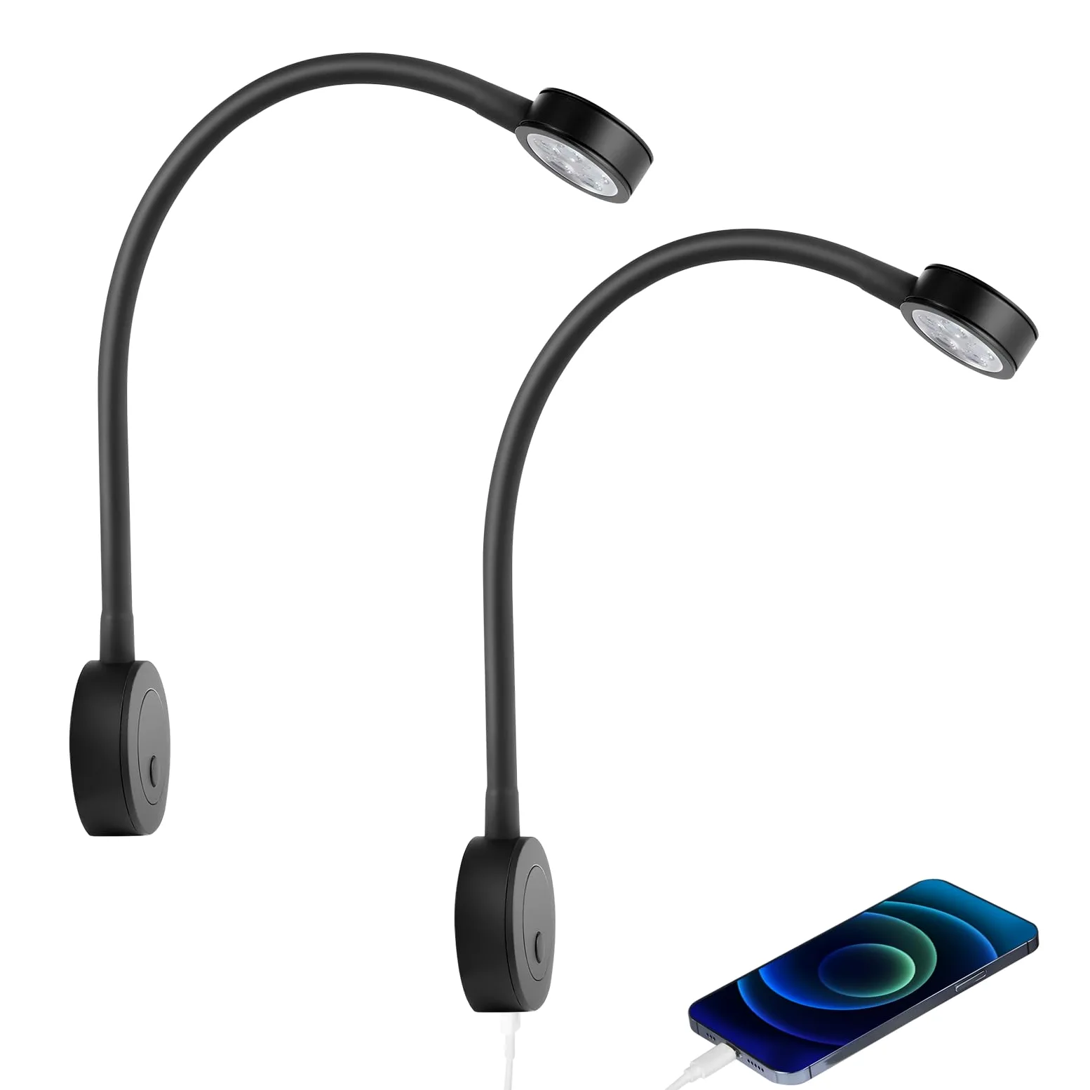 acegoo Lampada da lettura LED 12V camper dimmerabile collo di cigno flessibile DC12-24V comodino con interruttore dimmer e caricatore USB per barca cabina roulotte 2PCS (nero)