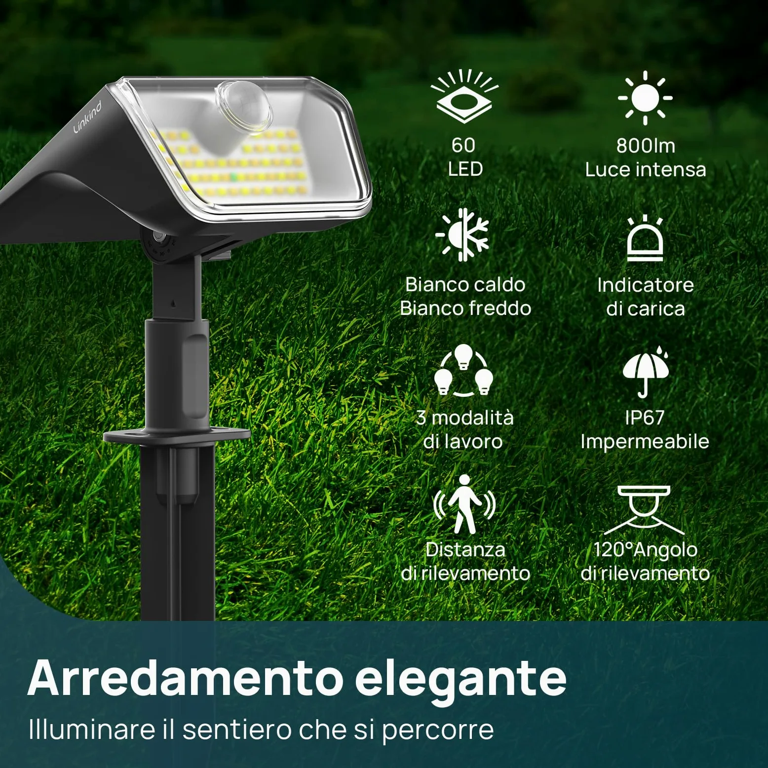 Linkind lampade solari 2 in 1 Luci Solari Esterno Giardino con Sensore di Movimento,3000K & 6500K, 60 LED faretti energia solare da esterni con indicatore di carica,impermeabili IP67,6 Pezzi