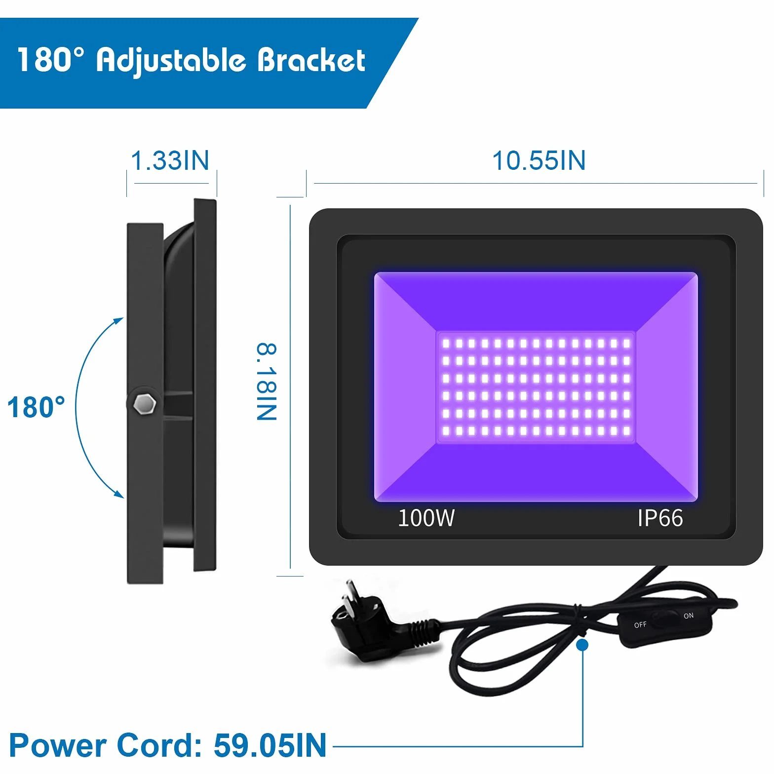 Eleganted Proiettore Luce Nera Blacklight di 100W, lampada UV effetto della luce ultravioletta impermeabile IP66 con l'interruttore acceso/spento per il partito, il DJ, la fase