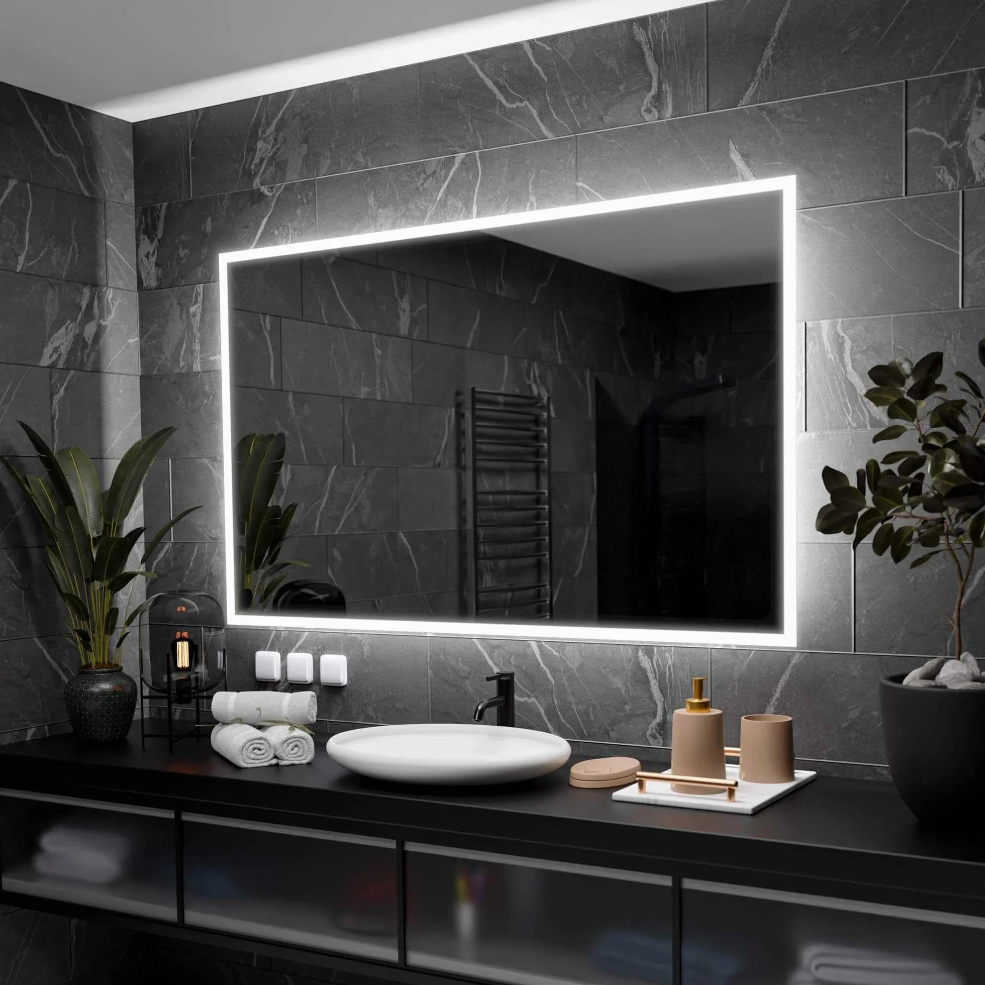 Boston Specchio Bagno LED 100x90cm Antiappannamento, Retroilluminato, Personalizzabile, Rettangolare, Selezione Colore Luce