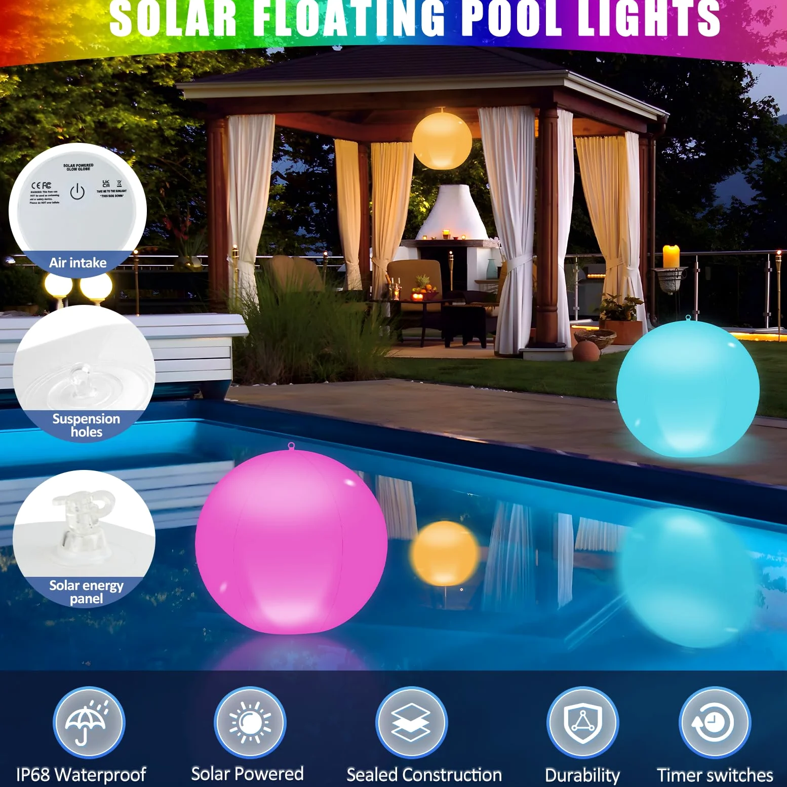 Solari Luci Galleggianti Piscina, 2Pz Solare Lampada Galleggianti Piscina con Telecomando,13.4In 16 RGB Solari Lampada Palle Luminose da Giardino Solari, IP68 Palle Luminose per Piscina Esterno