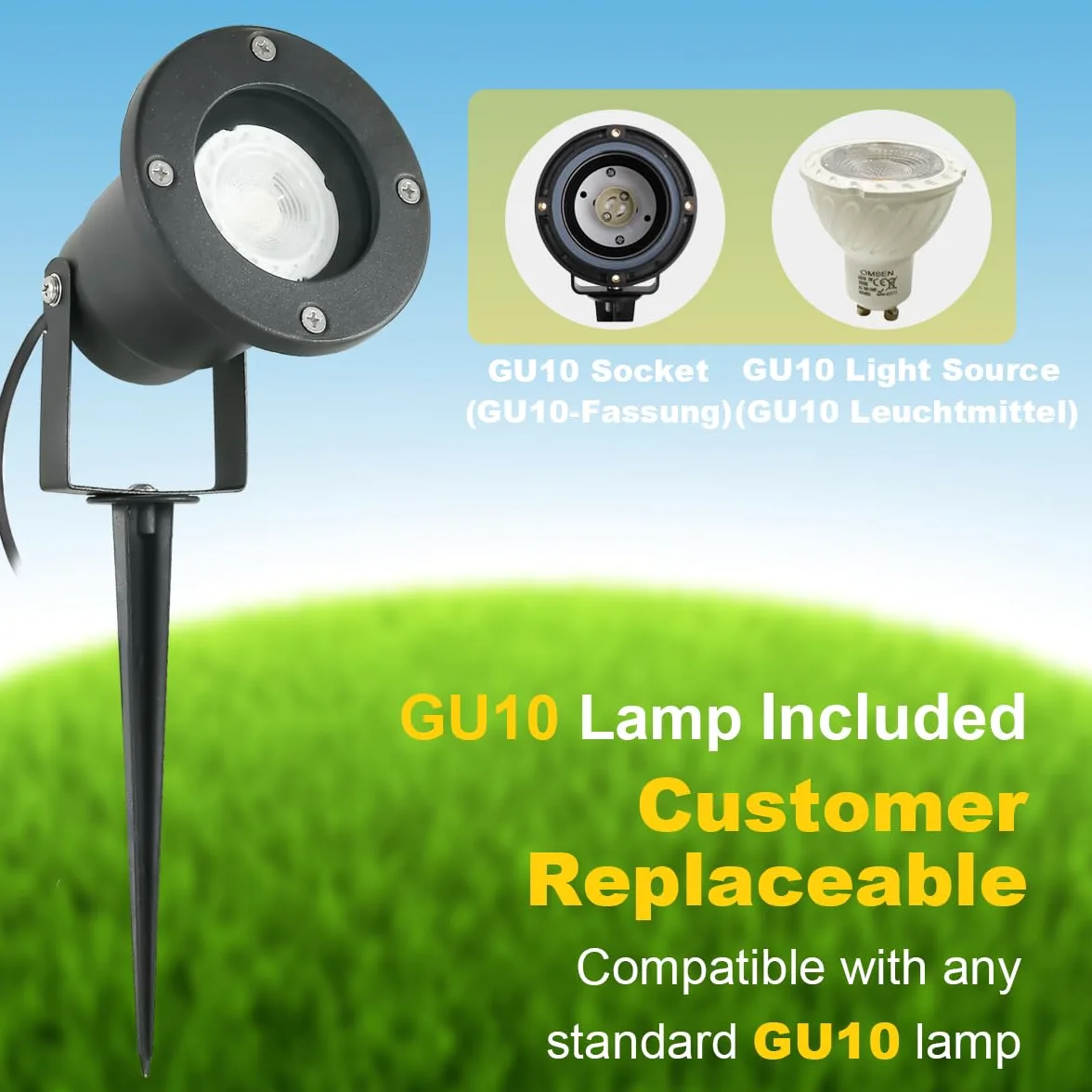 OMSEN Faretto LED da Giardino con Picchetto GU10, Luce Calda 3000K, Corpo in Alluminio Anticorrosione, Lampadina GU10 Sostituibile, Faretti da Esterno con Picchetto per Giardino, Prato, Albero