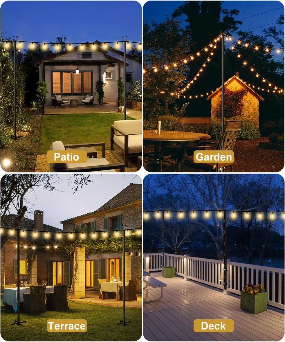 Confezione da 2 pali luminosi da 3 m per decorazione esterna, robusto palo luminoso con forchetta, pali in metallo regolabili per patio esterno, cortile, terrazza, giardino, feste, matrimoni