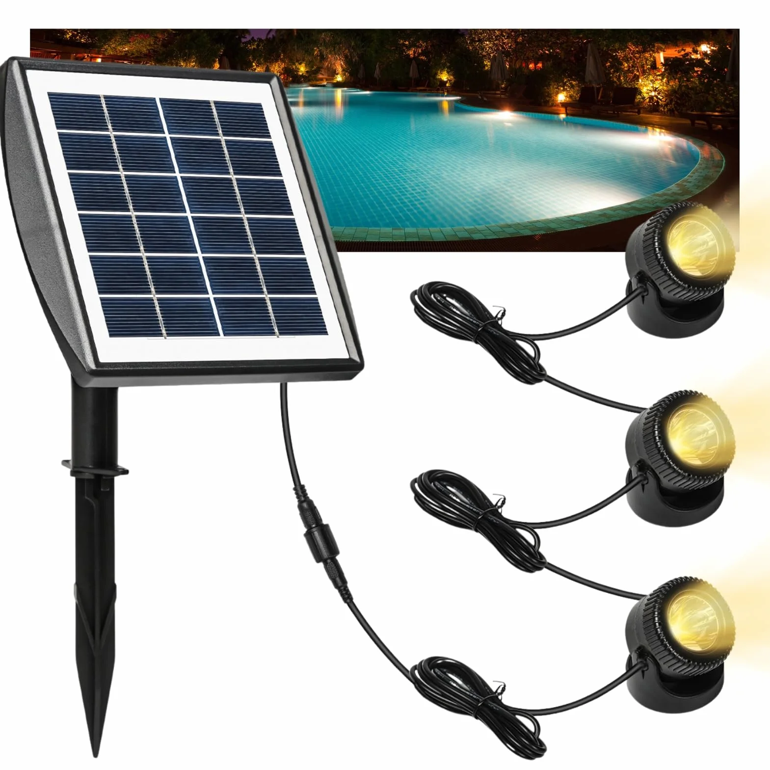 Jadeshay Luce Piscina Pannello Solare Policristallino 6V/2W Laghetto da Giardino Esterno con 1W 3 Lampade Faretto Paesaggistico Impermeabile per Laghetto da Giardino