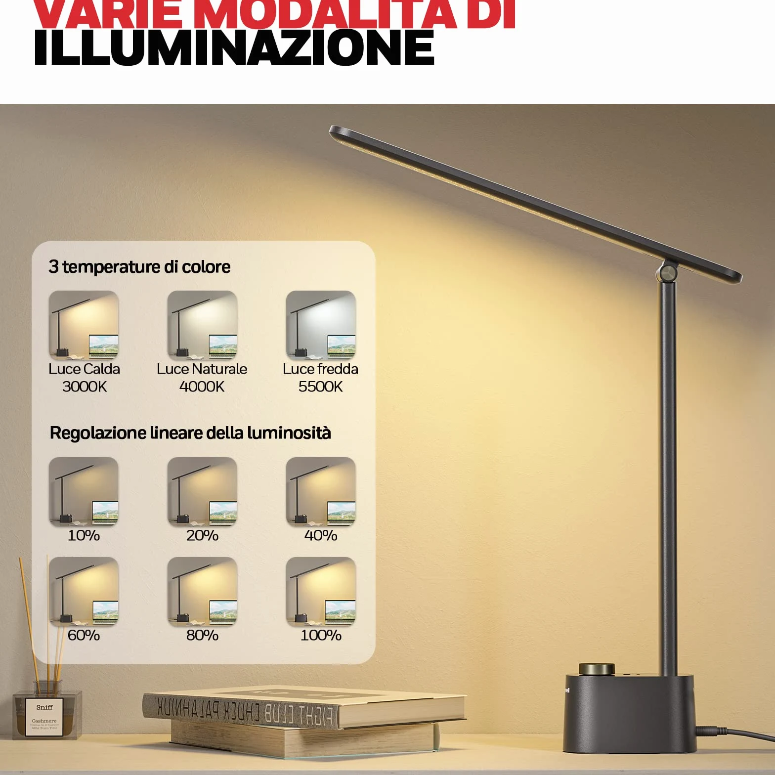 Honeywell Lampada da scrivania con porta di ricarica USB - Lampada da comodino dimmerabile per casa e ufficio, lampada da tavolo piccola pieghevole portatile per Adulti che leggono e lavorano, HWT-H01