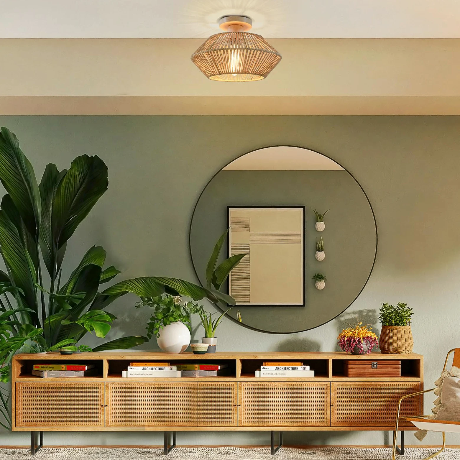 Plafoniera Soffitto Camera da Letto Boho in Rattan, Lampadario Soffitto Intrecciato a Mano a 1 Luce, Plafoniere da Soffitto in Legno per Fattoria per Soggiorno, Cucina, Ingresso, Corridoio