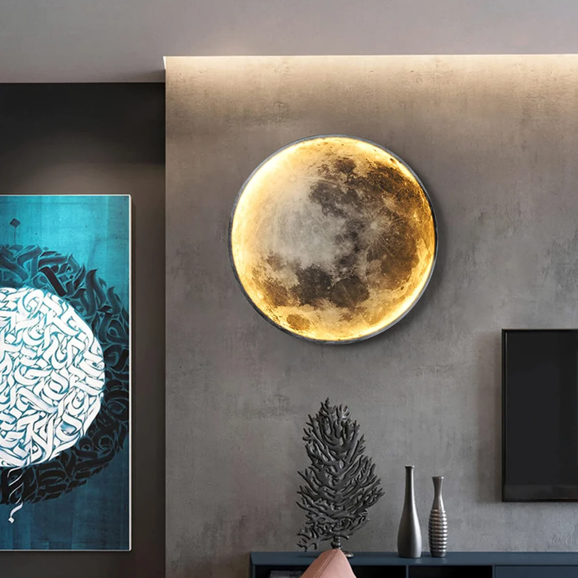 Lampada da Parete a LED Luna con Telecomando, Applique da Parete Interni Moderna Rotonda Lampada da Comodino Acrilico Illuminazione per Camera da Letto Soggiorno Scala Luce Notturna (24cm)