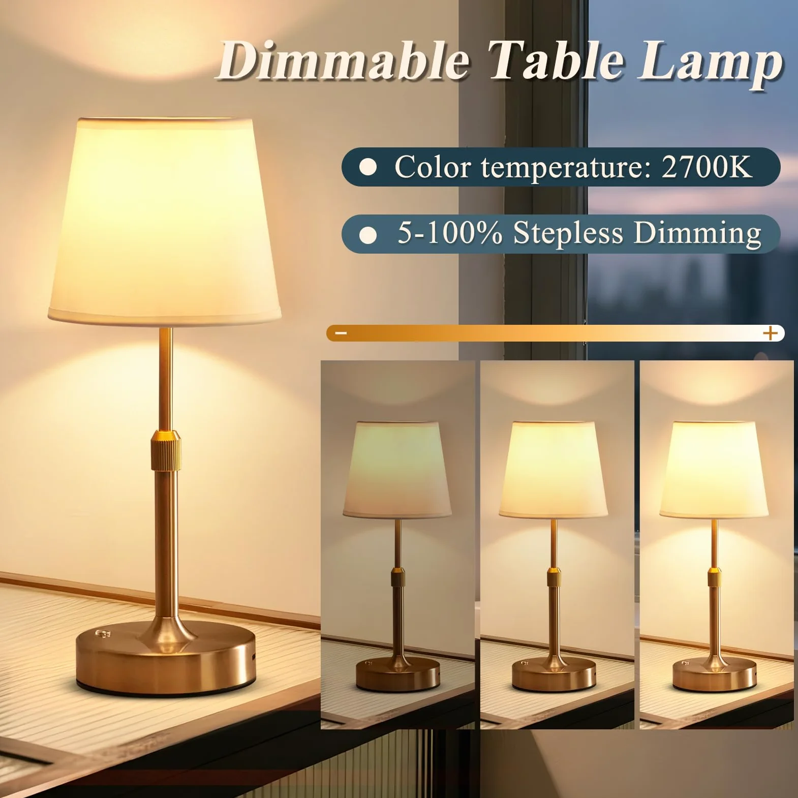 Lampada da comodino ricaricabile, lampada da tavolo dimmerabile a batteria, 6000 mAh, lampade da comodino wireless con paralume in tessuto, luci dorate portatili con controllo touch per camera