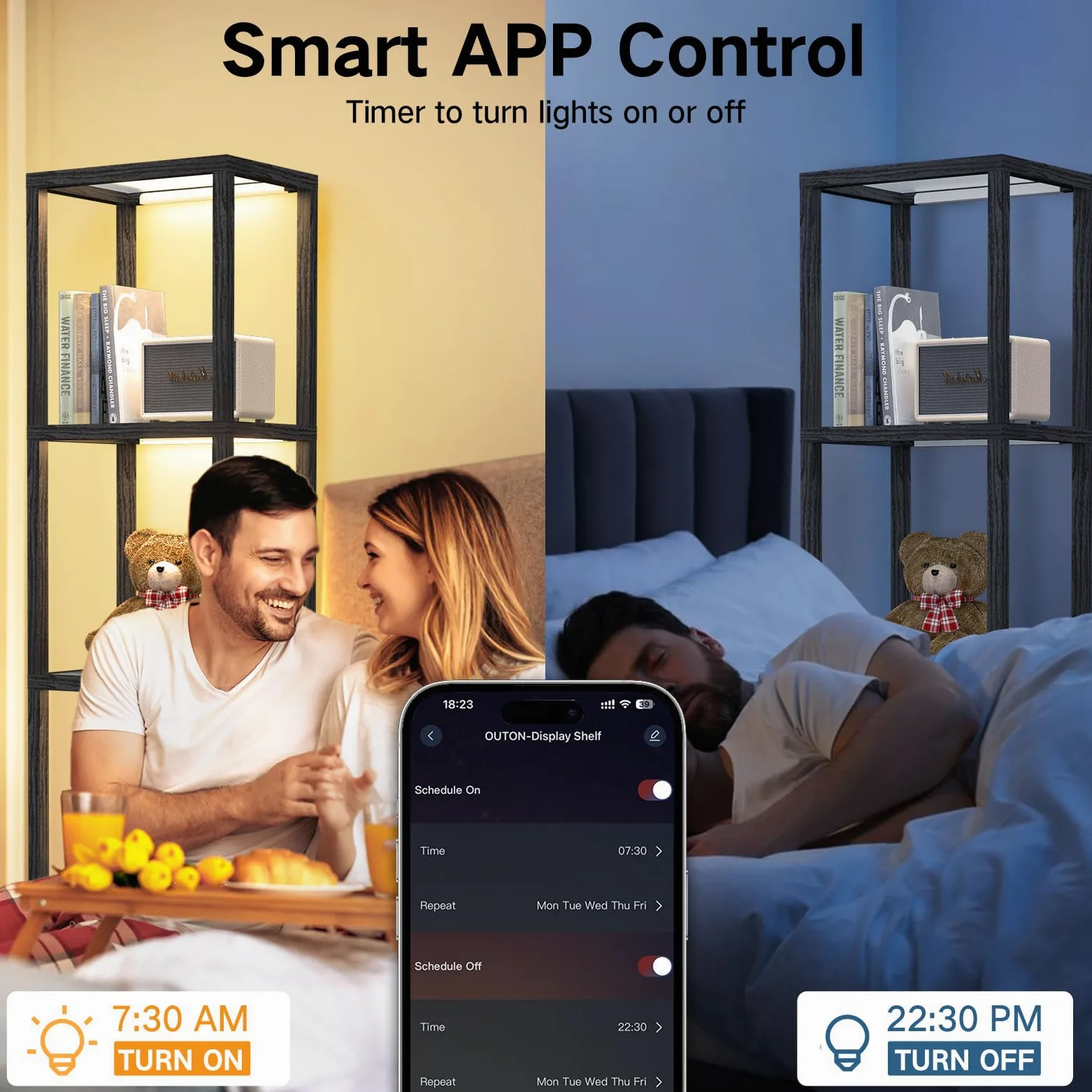 OUTON 170cm Vetrina in Vetro con Luci, Lampada da Terra a LED Dimmerabile con Telecomando e Controllo via App, Libreria Aperta per Oggetti da Collezione per Soggiorno e Camera da Letto, Nera