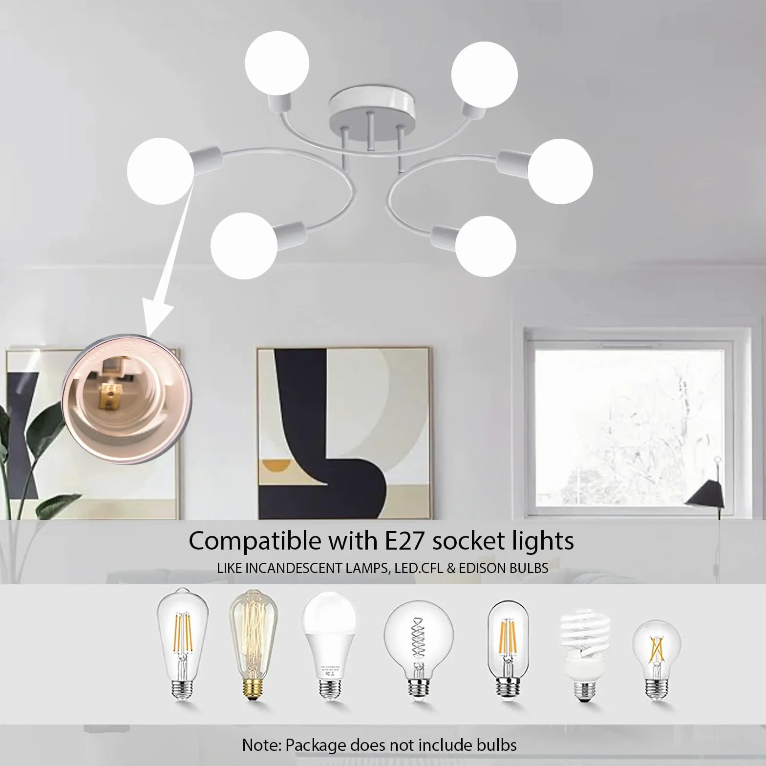 Lampadario Soggiorno Industriale,6 Luci Plafoniera Soffitto Vintage E27,Lampada da Soffitto Bianco, Plafoniera Sputnik per Camera da Letto, Soggiorno, Cucina.Diametro 70CM(Senza Lampadina)