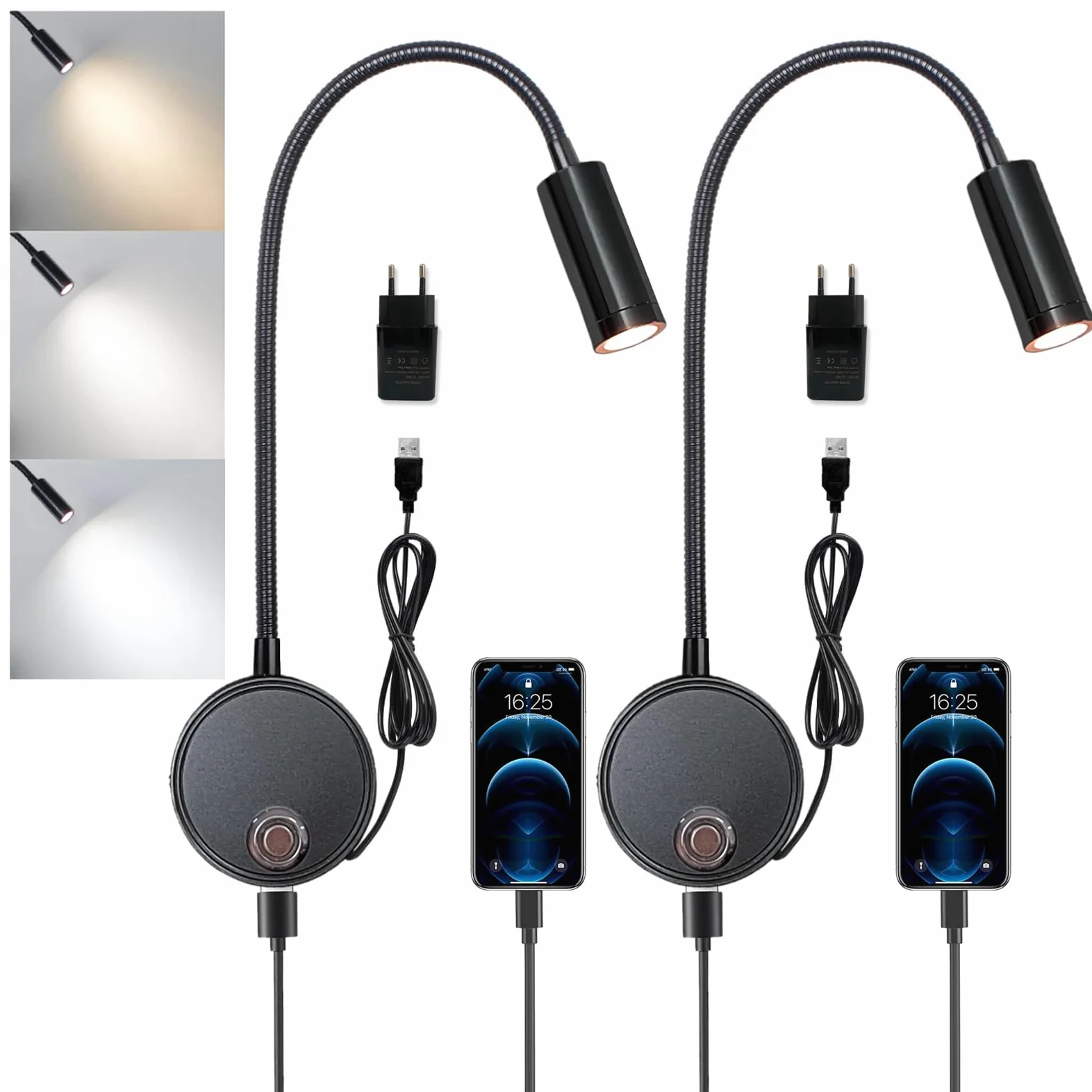 2 pezzi 3W Applique da Parete interno, Lampada da Lettura Muro Dimmerabile Touch con Porta di Ricarica USB, 3000K-6000K LED Luce da Letto Flessibile a Collo di Cigno Illuminazione Comodino, Nero