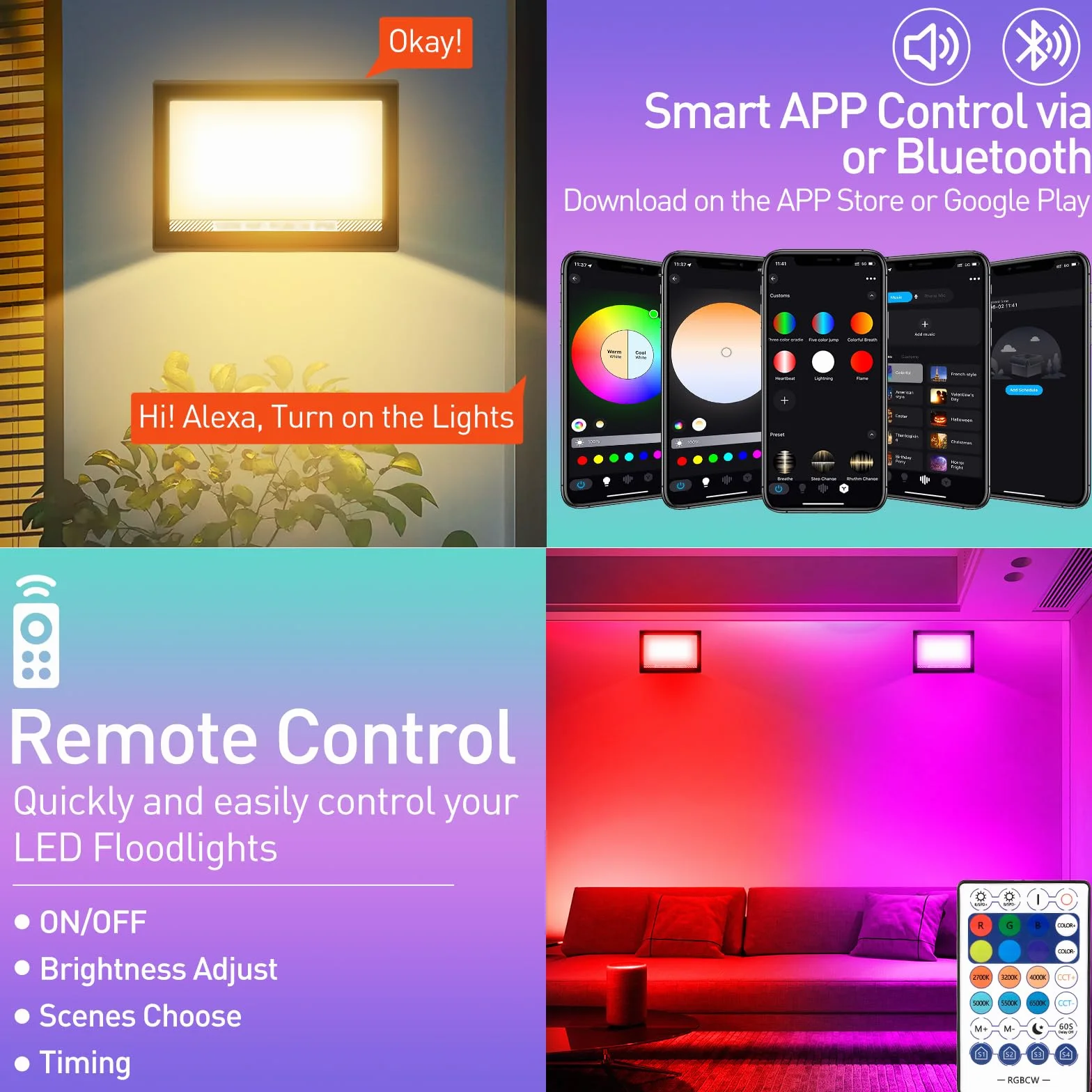 Faretto LED RGB Esterno, T-SUNUS 60W Proiettore LED RGB con APP Bluetooth e Telecomando, IP66 Impermeabile Dimmerabile per Giardino Pasqua Partito Halloween 4 Pezzi