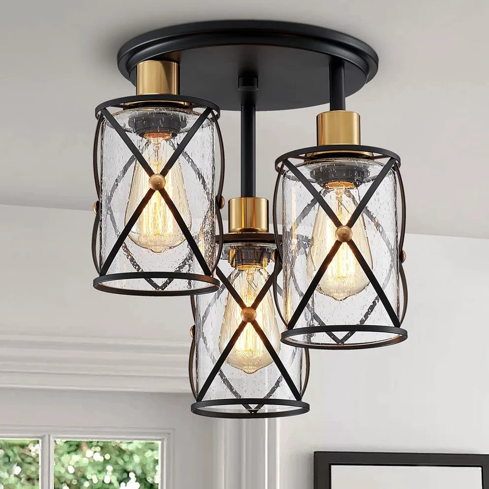 WUZUPS lampadario semi flushmount industriale a 3 luci plafoniera trasparente paralume in vetro seminato per ingresso portico foyer cucina sala da pranzo bagno, w29 h34, e27 base nera con ottone