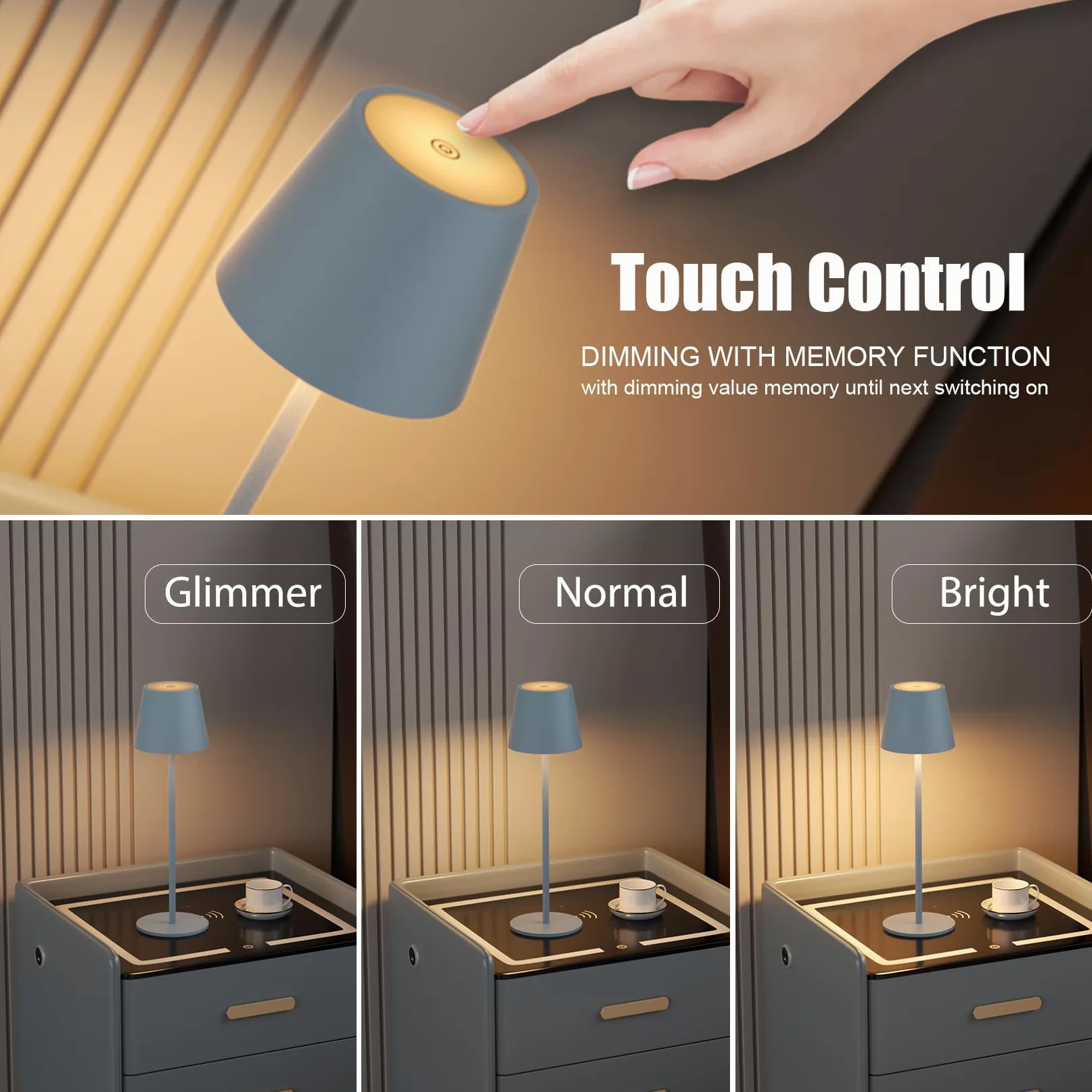 Klighten 2 Pezzi Lampada LED Dimmerabile da tavolo senza fili Interni/Esterni, Ricaricabile Lampada da Scrivania a batteria in Alluminio con USB-C, Luce calda 3000K, Impermeabile IP54, Grigio Scuro