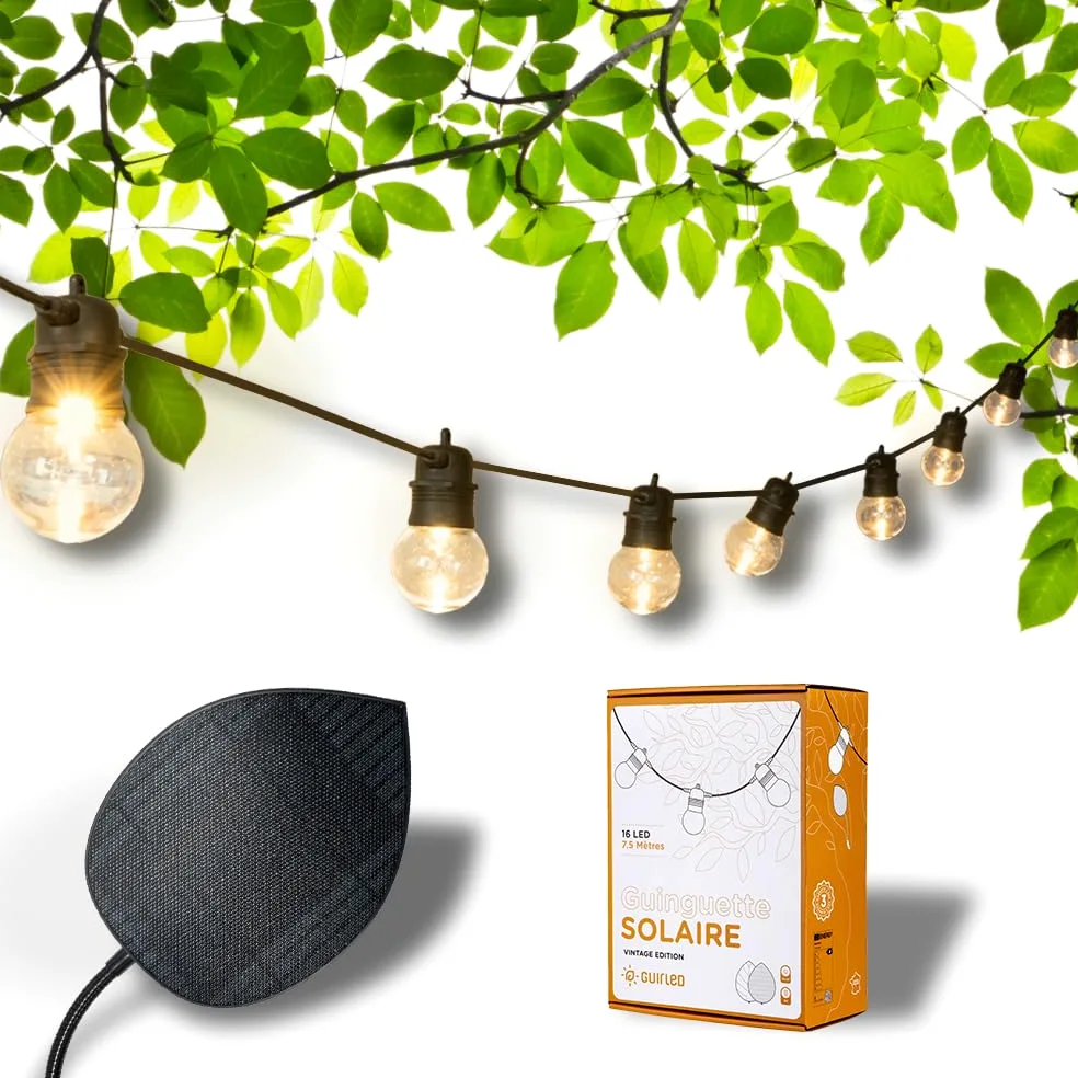 GuirLED - Ghirlanda luminosa solare e impermeabile IP55 - 16 LED 7,5 metri - Estensibile - 100% autonomo - Foglio fotovoltaico XL - Batteria al litio 4000 mAh - Vintage Edition