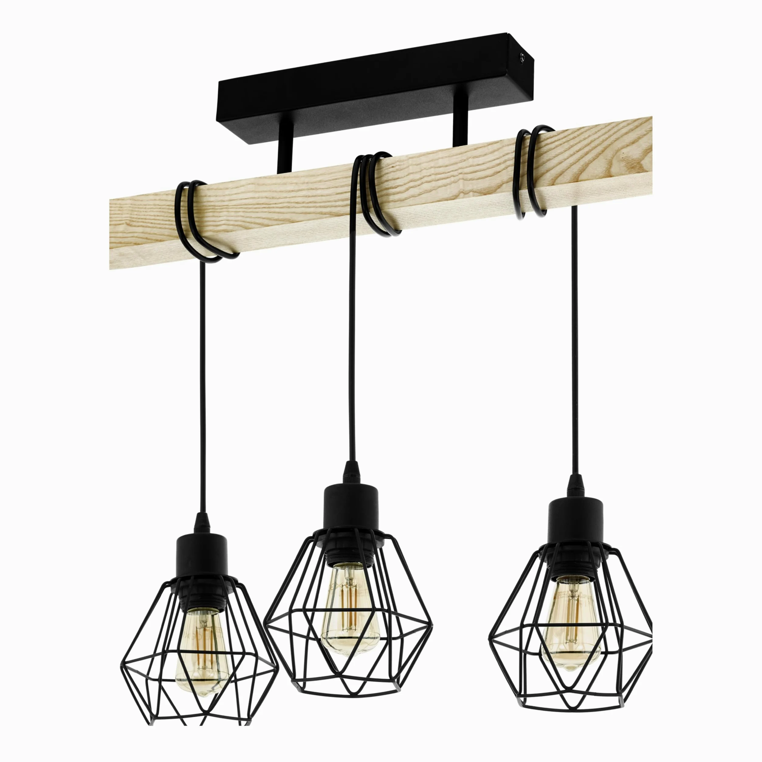 Eglo Lampada da soffitto Townshend 5, plafoniera vintage a tre punti luce, plafoniera dal design industriale, lampada a sospensione retrò in acciaio e legno, nero, marrone, E27