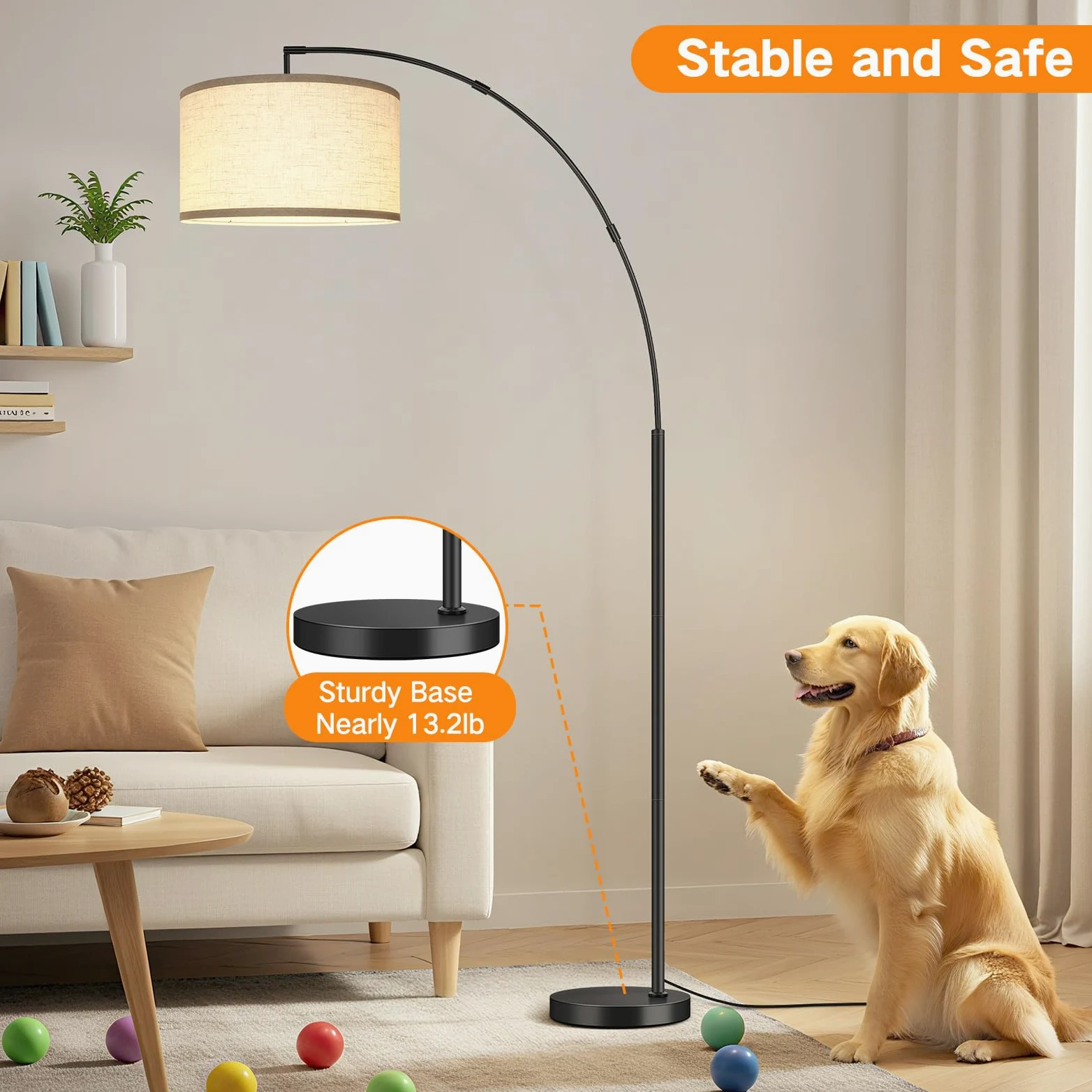 OUTON Lampada da Terra ad Arco, Lampada ad Arco Moderna con Telecomando e Interruttore a Pedale, Paralume Beige da 40cm, Lampadina E27, Piantana LED da 205cm per Soggiorno, Camera da Letto, Ufficio