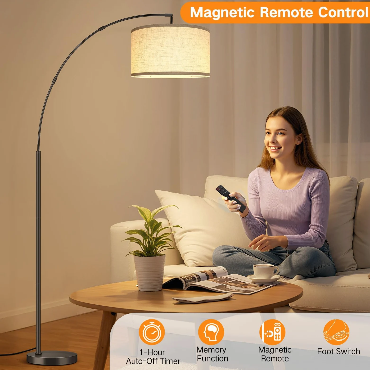 OUTON Lampada da Terra ad Arco, Lampada ad Arco Moderna con Telecomando e Interruttore a Pedale, Paralume Beige da 40cm, Lampadina E27, Piantana LED da 205cm per Soggiorno, Camera da Letto, Ufficio