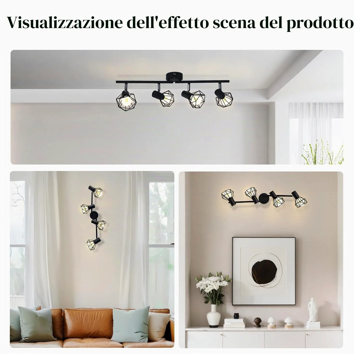faretti soffitto orientabili, lampadario faretti con 4 Attacco E14,lampada da soffitto retrò, applique soffitto per Cucina, Soggiorno, Camera da Letto,neri(Senza Lampadina)