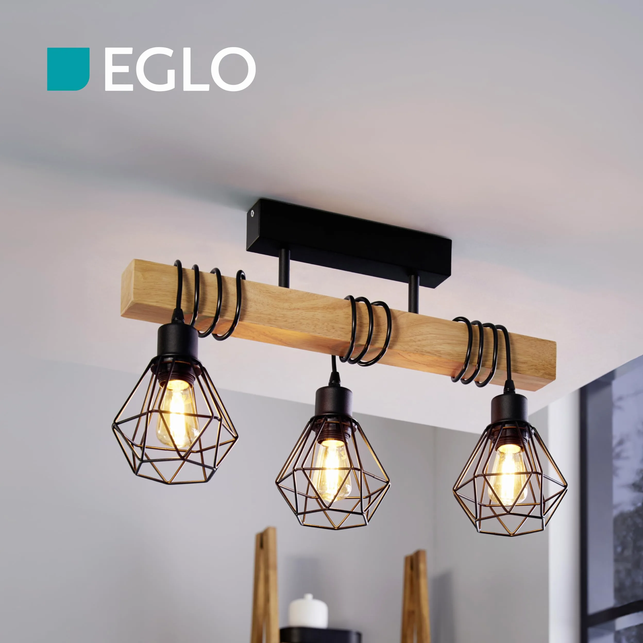 Eglo Lampada da soffitto Townshend 5, plafoniera vintage a tre punti luce, plafoniera dal design industriale, lampada a sospensione retrò in acciaio e legno, nero, marrone, E27