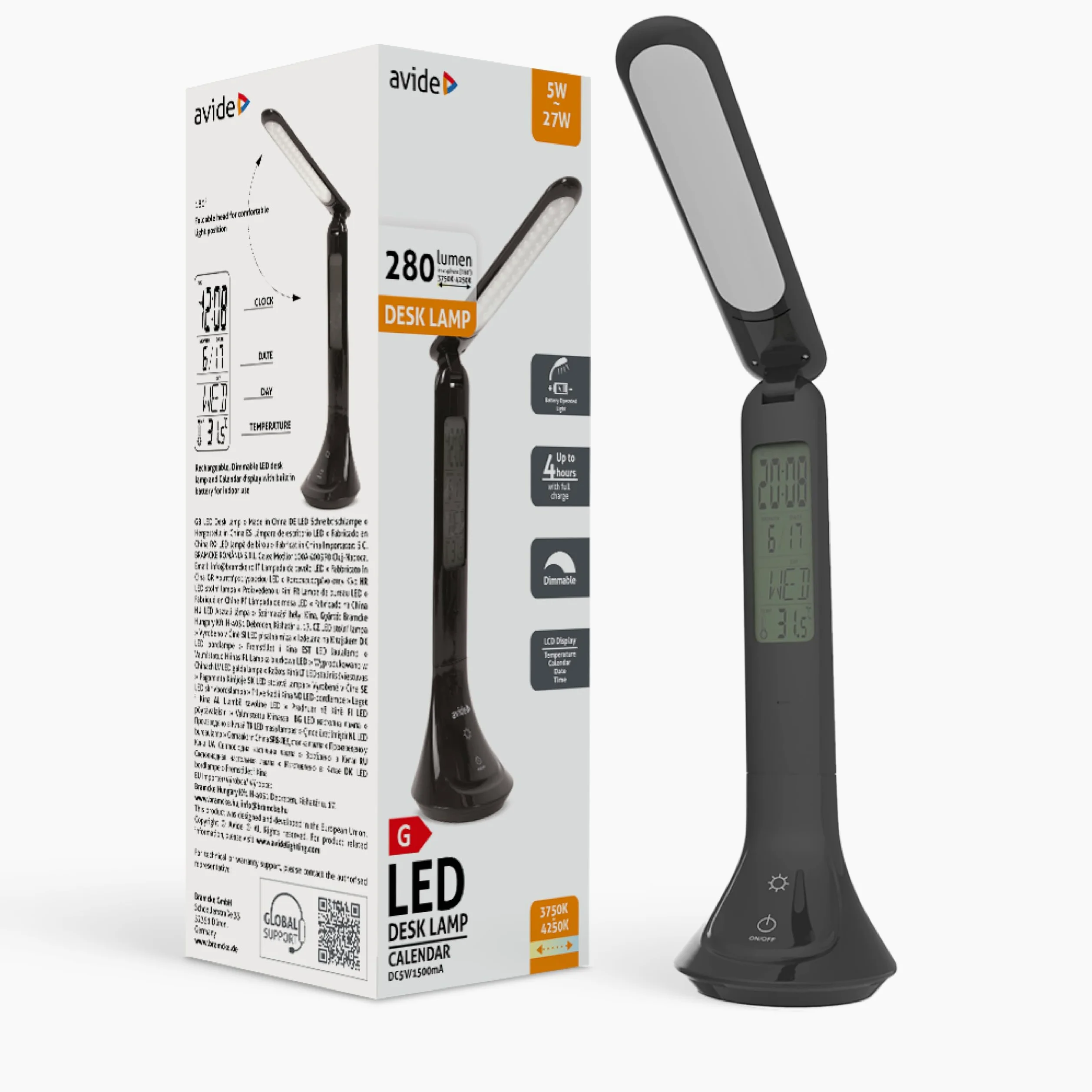 Calendar - Lampada da scrivania a LED, 5 W, classe di efficienza energetica A+ | Lampada da tavolo dimmerabile a 3 livelli con display LCD per ora, data e temperatura (nero)