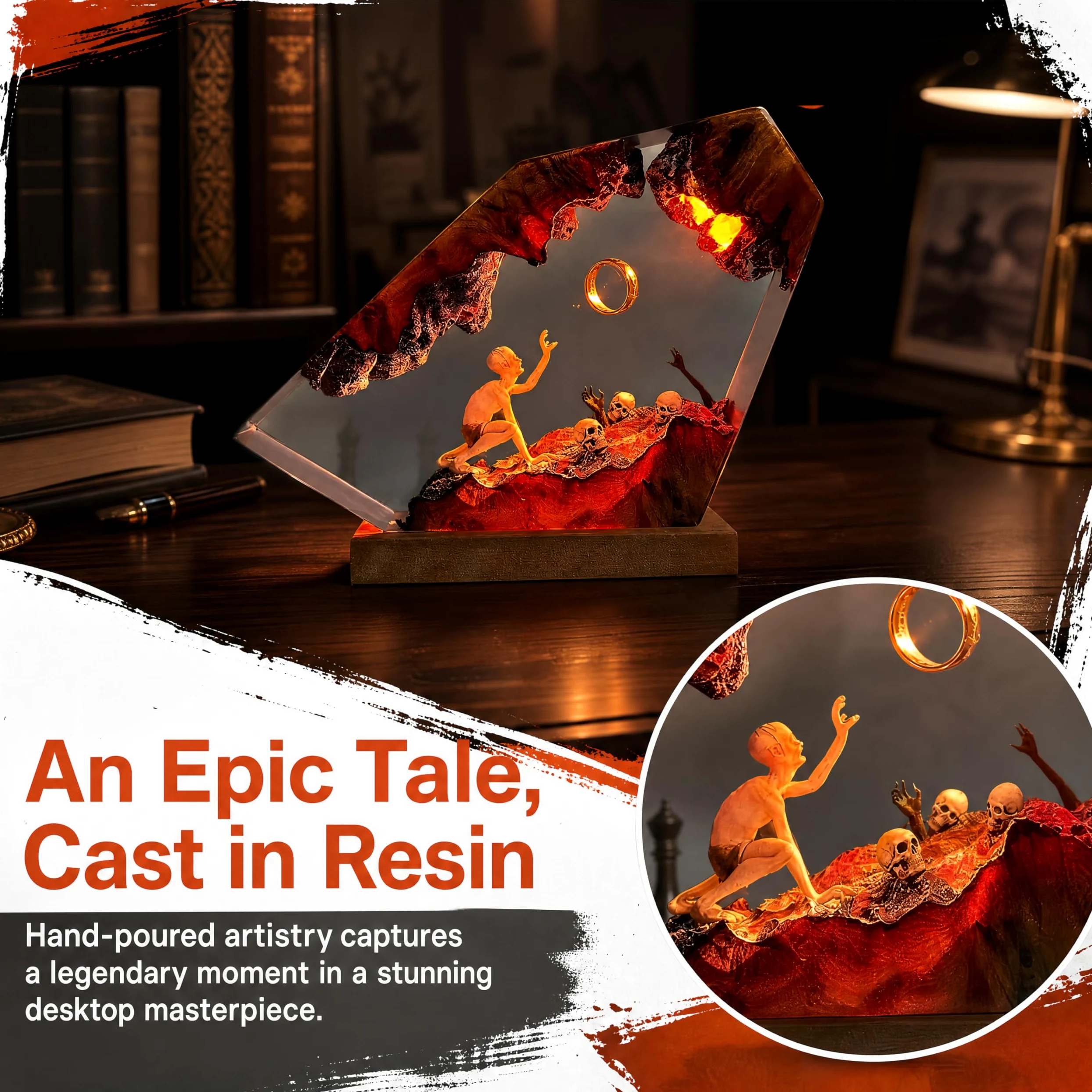 Lampada in resina epossidica, anello del Signore Oscuro, luce notturna a LED realizzata a mano in resina di legno massello, porta USB, decorazione per comodino della camera da letto, regalo di