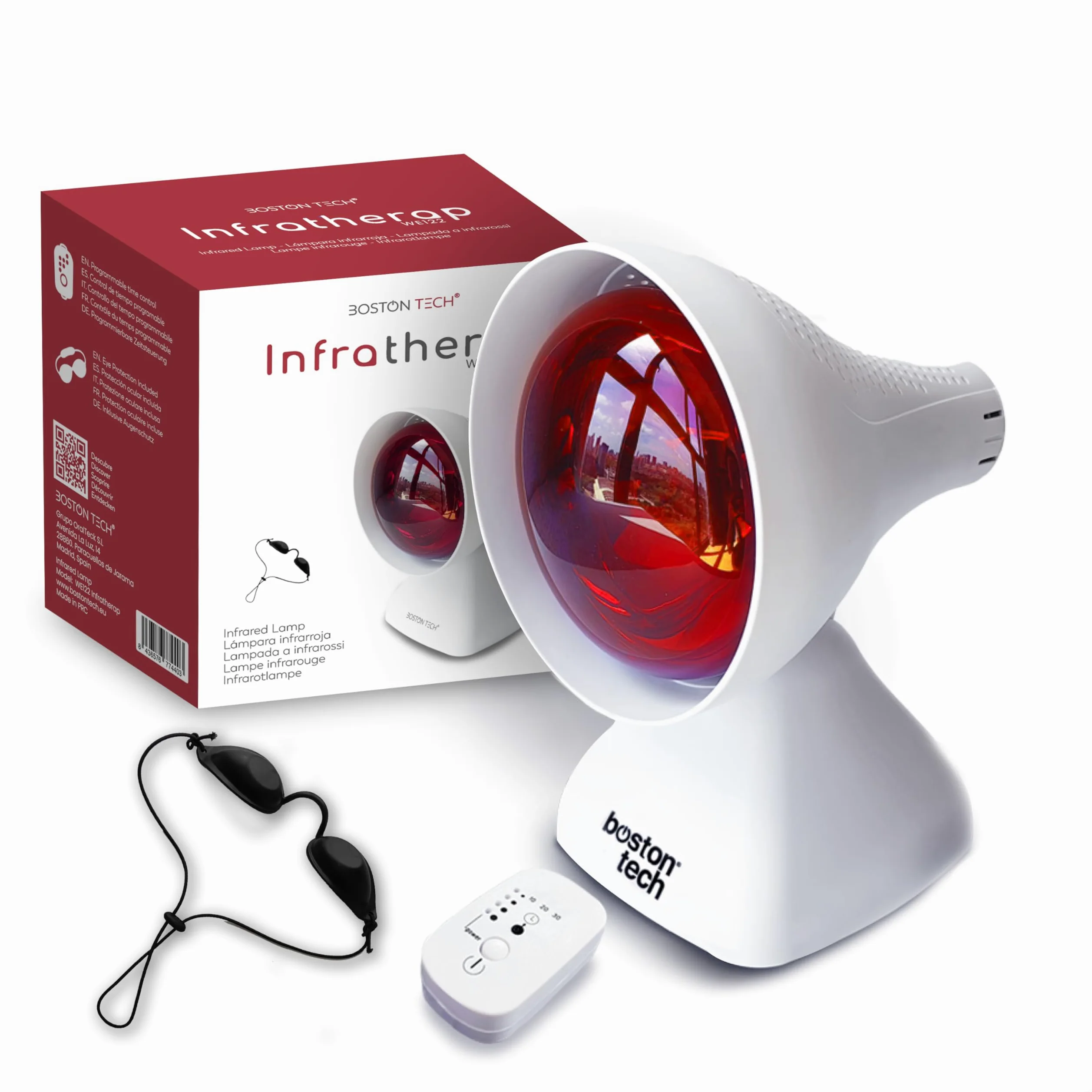 Boston Tech WE122 Lampada a infrarossi da tavolo fisioterapia dispositivo termico potenza 200 W sollievo dolori e tensioni muscolari 3 livelli di inclinazione Timer e protezione degli occhi.