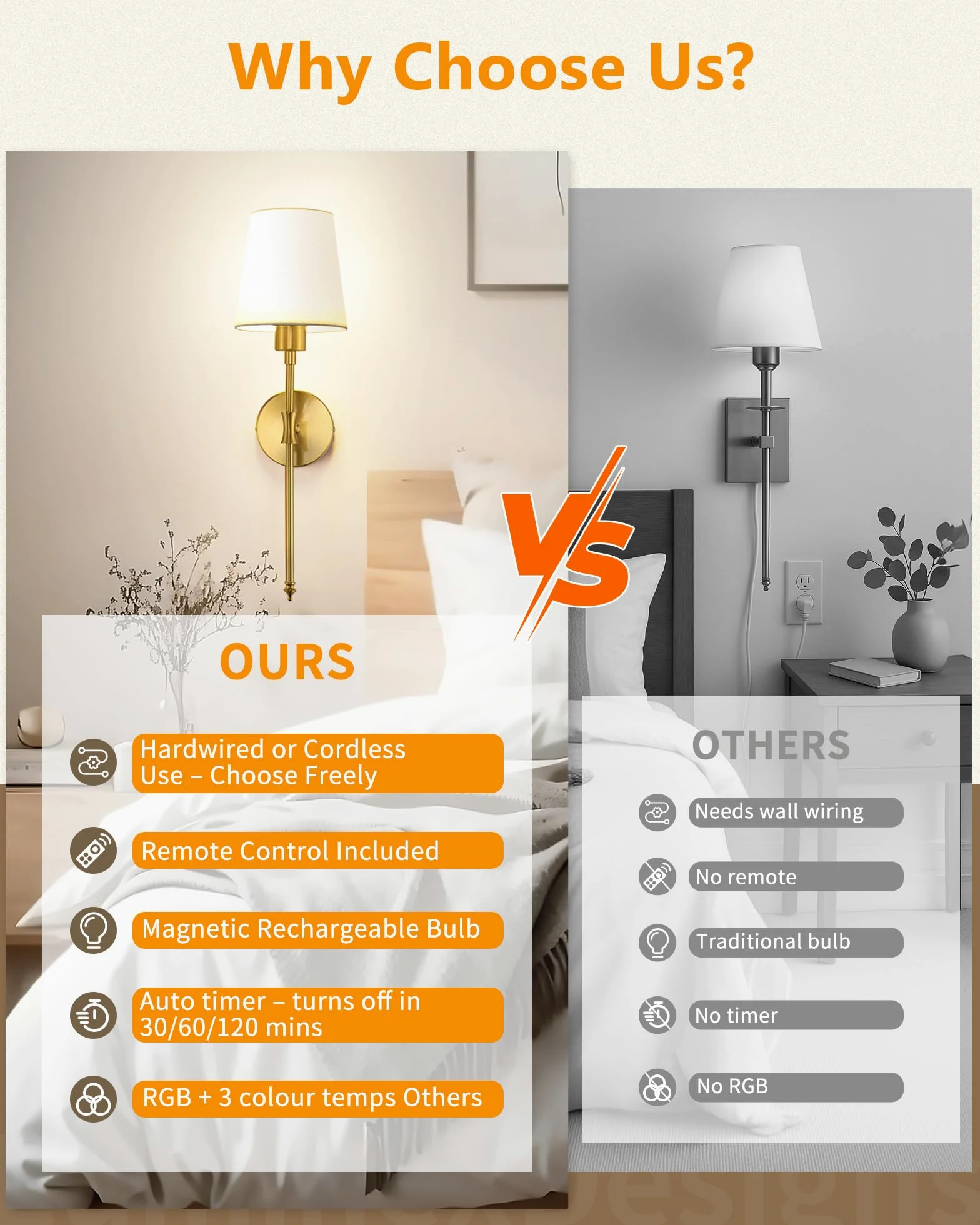 Wandleuchte Innen Akku LED Wandleuchte kabellos oder fest verdrahtbar, RGB Wandlampe mit Fernbedienung, 57 cm Höhe, Wandlichte Innen für Wohnzimmer, Schlafzimmer, Kinderzimmer, Gold VEYA WL04