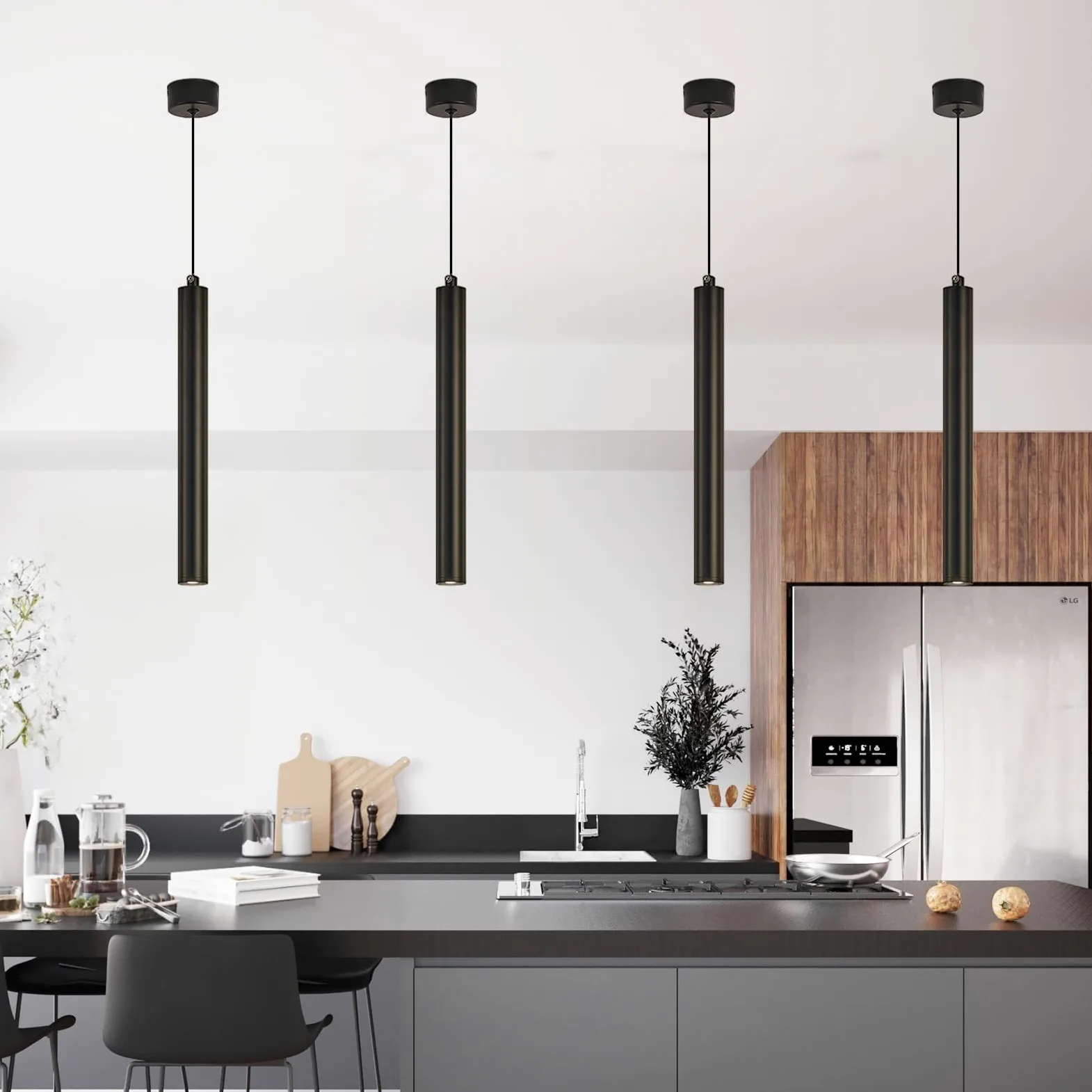 Lampada a Sospensione Comodino Camera da Letto, 2 Pezzi lampadario led a cilindro Nero, Regolabile In Altezza lampada a sospensione moderna per cucina soggiorno tavolo da letto 30cm (2)